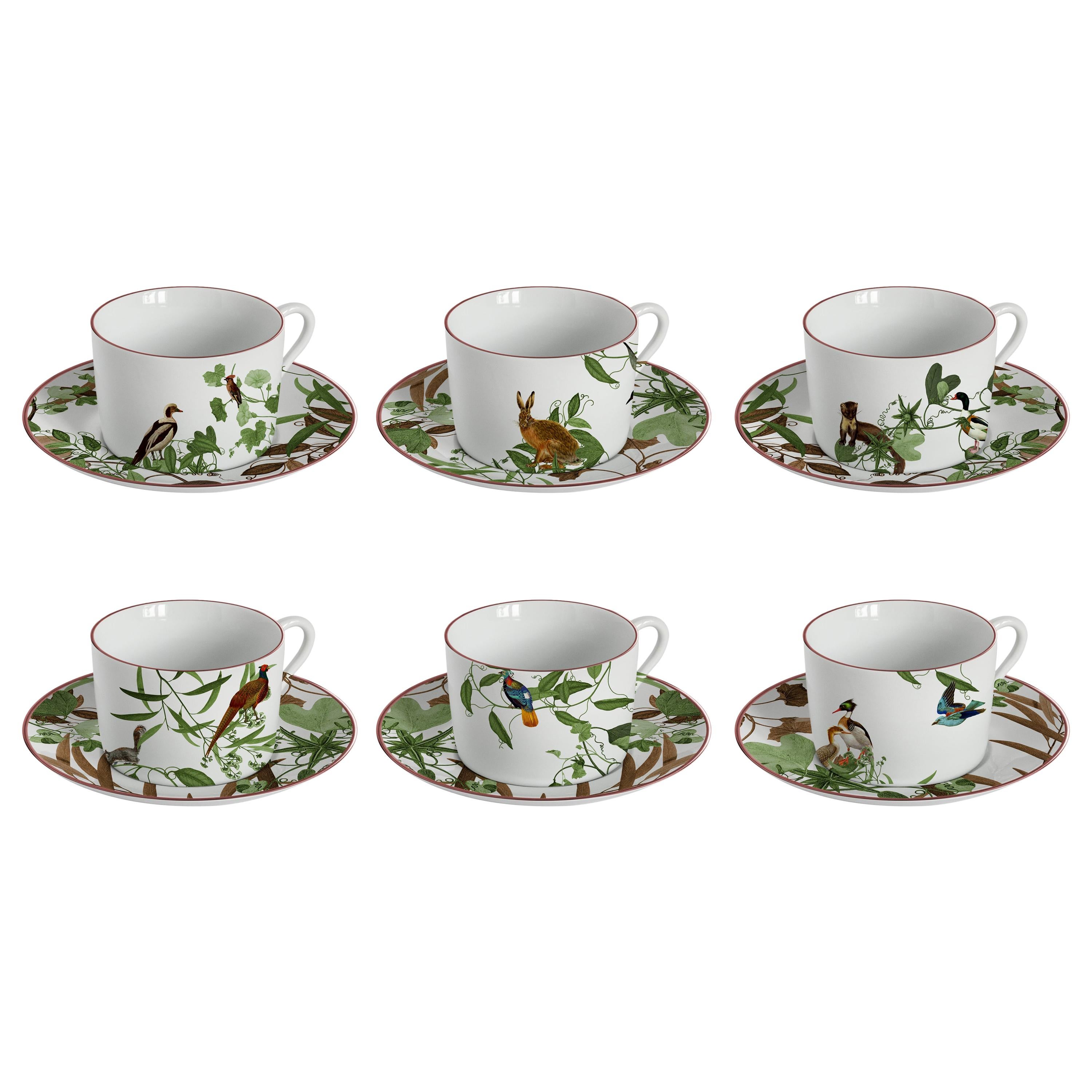 Mont Blanc, Tea Set with Six Contemporary Porcelains with Decorative Design For Sale