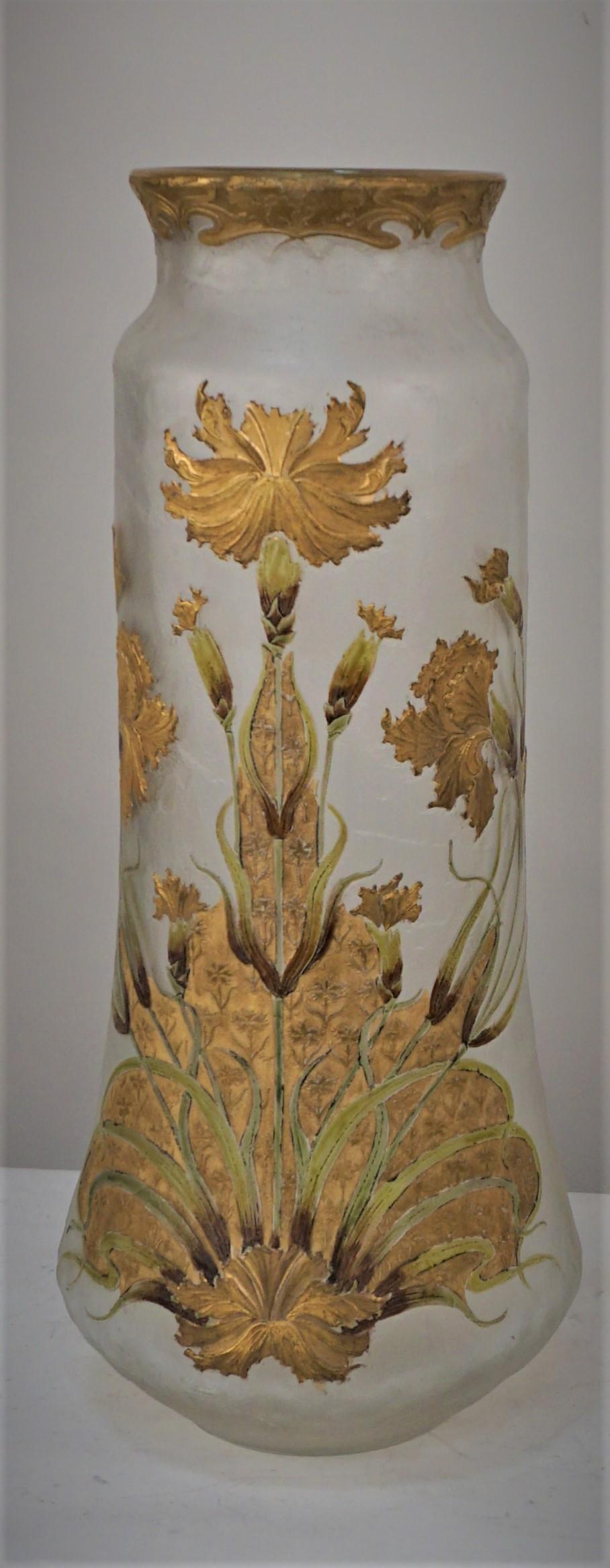 Fantastic large art nouveau vase with hand painted enameled and gold flowers and leaves on acid-cut clear textured glass.