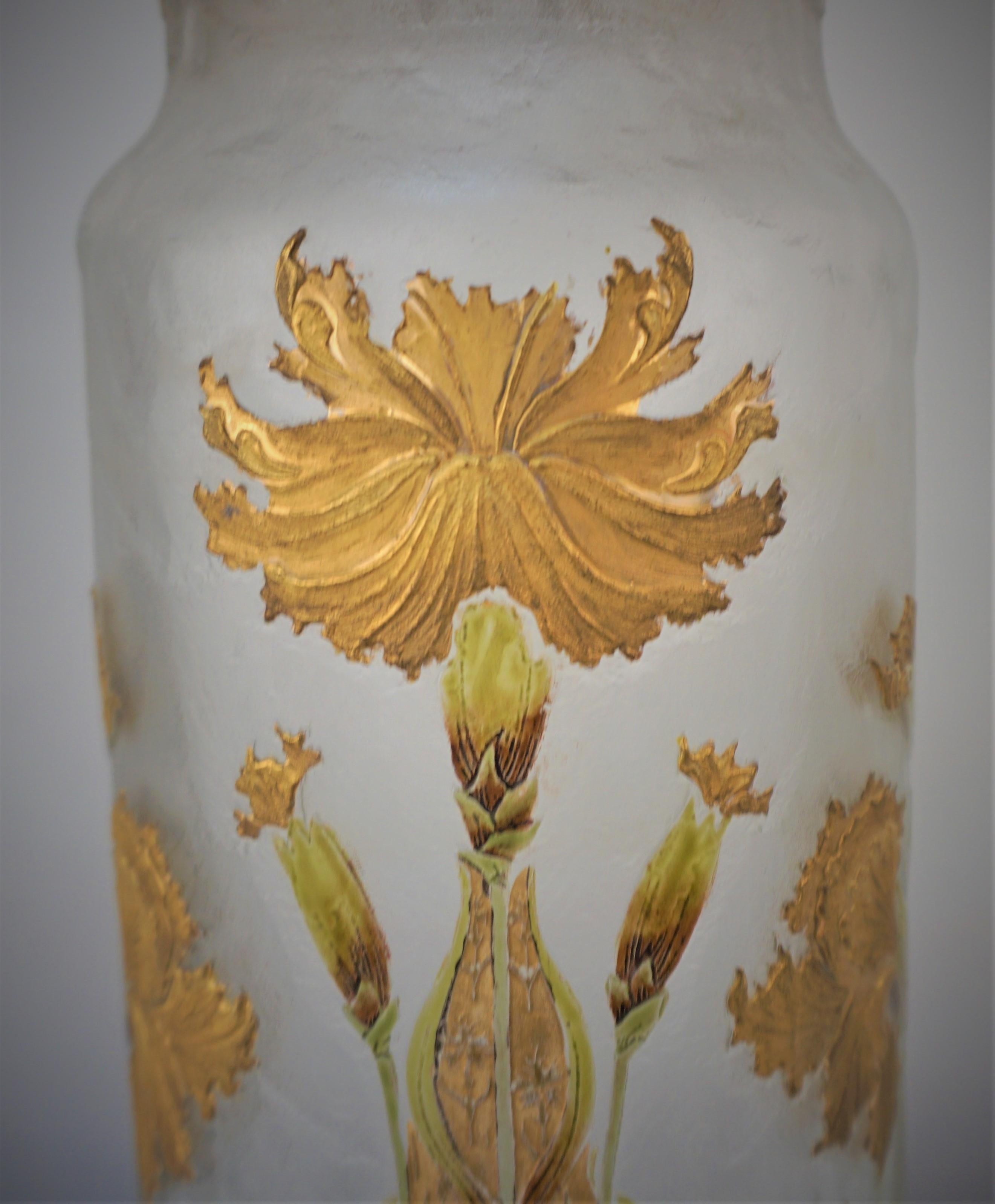 French Mont Joye Art Nouveau Cameo Glass Painted Glass Vase