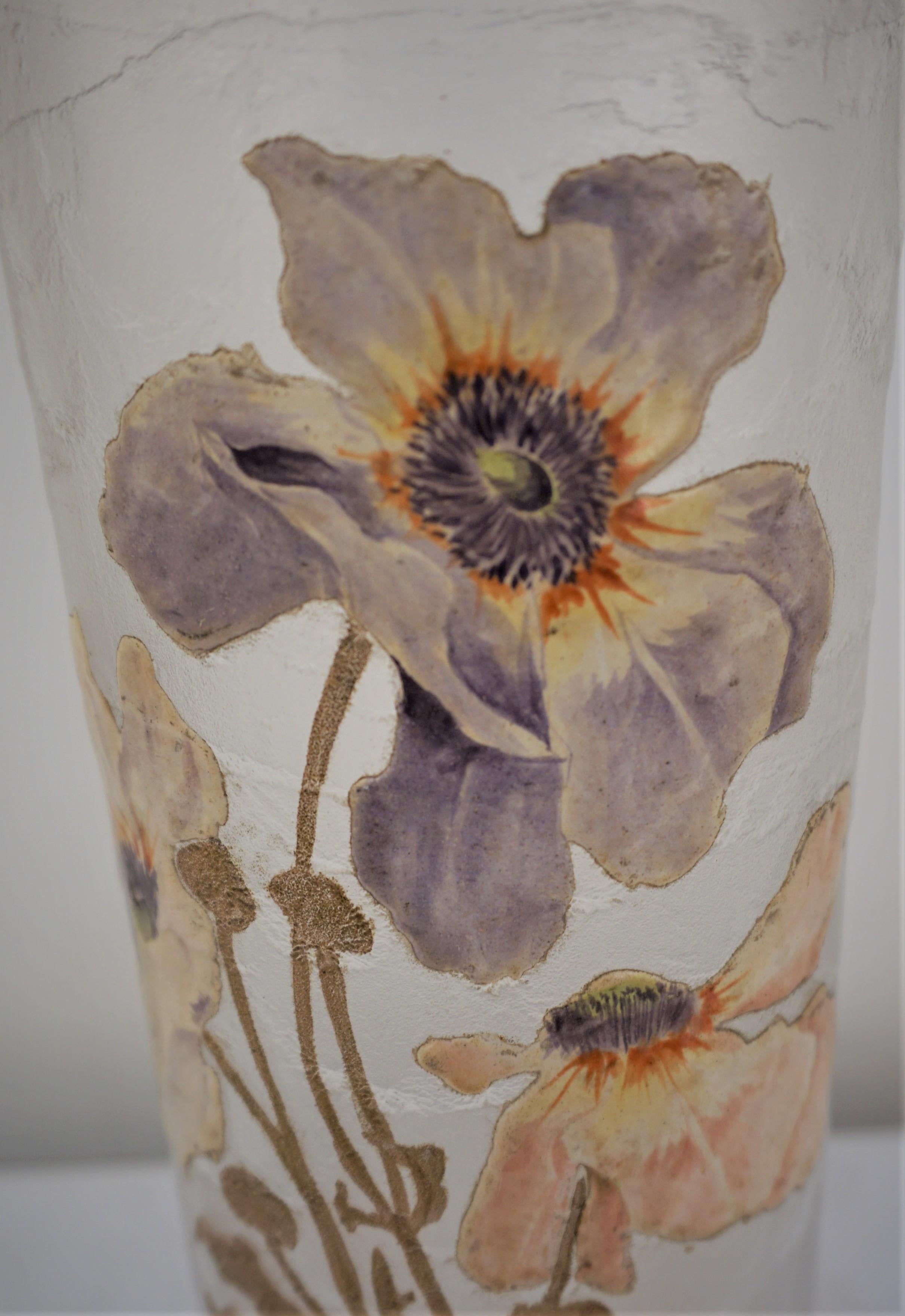 Early 20th Century Mont Joye Art Nouveau Cameo Glass Painted Glass Vase For Sale