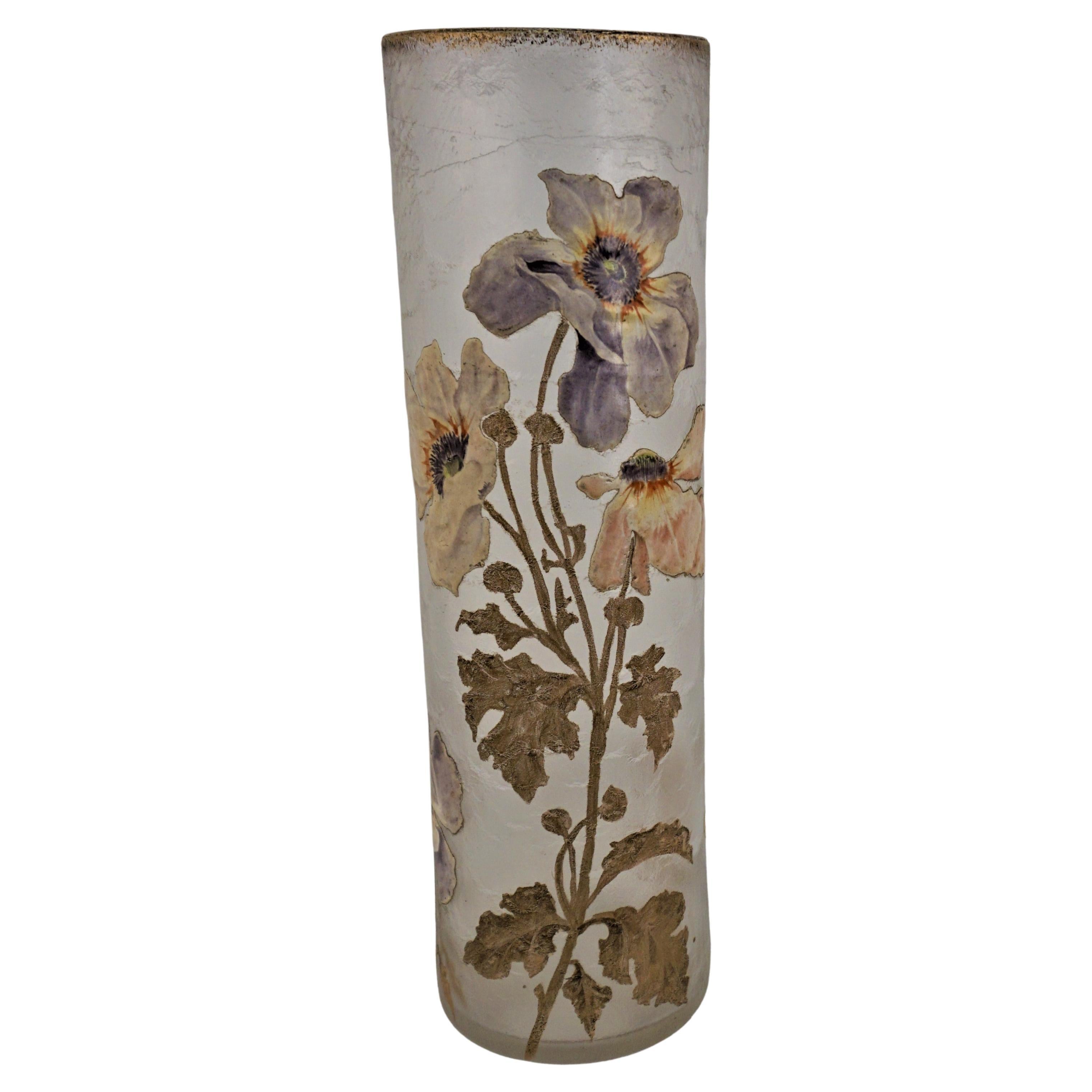 Mont Joye Art Nouveau Cameo Glass Painted Glass Vase For Sale