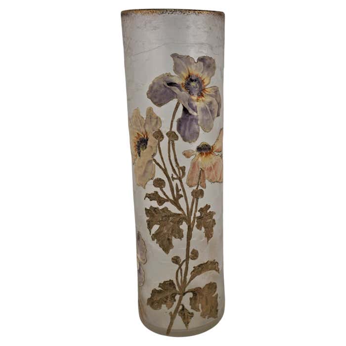 Mont Joye Art Nouveau Cameo Glass Painted Glass Vase For Sale at 1stDibs