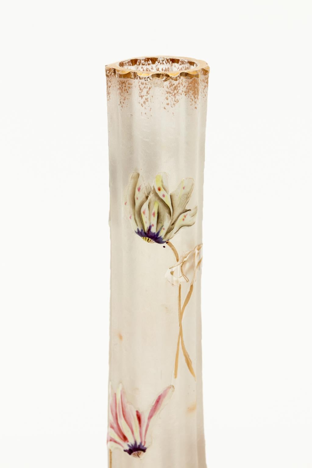 Circa 1900s Mont Joye Art Nouveau style vase. Enameled flowers on frosted crystal body. Muck gold highlights. Bulbus base. Made in France. Please note of wear consistent with age.