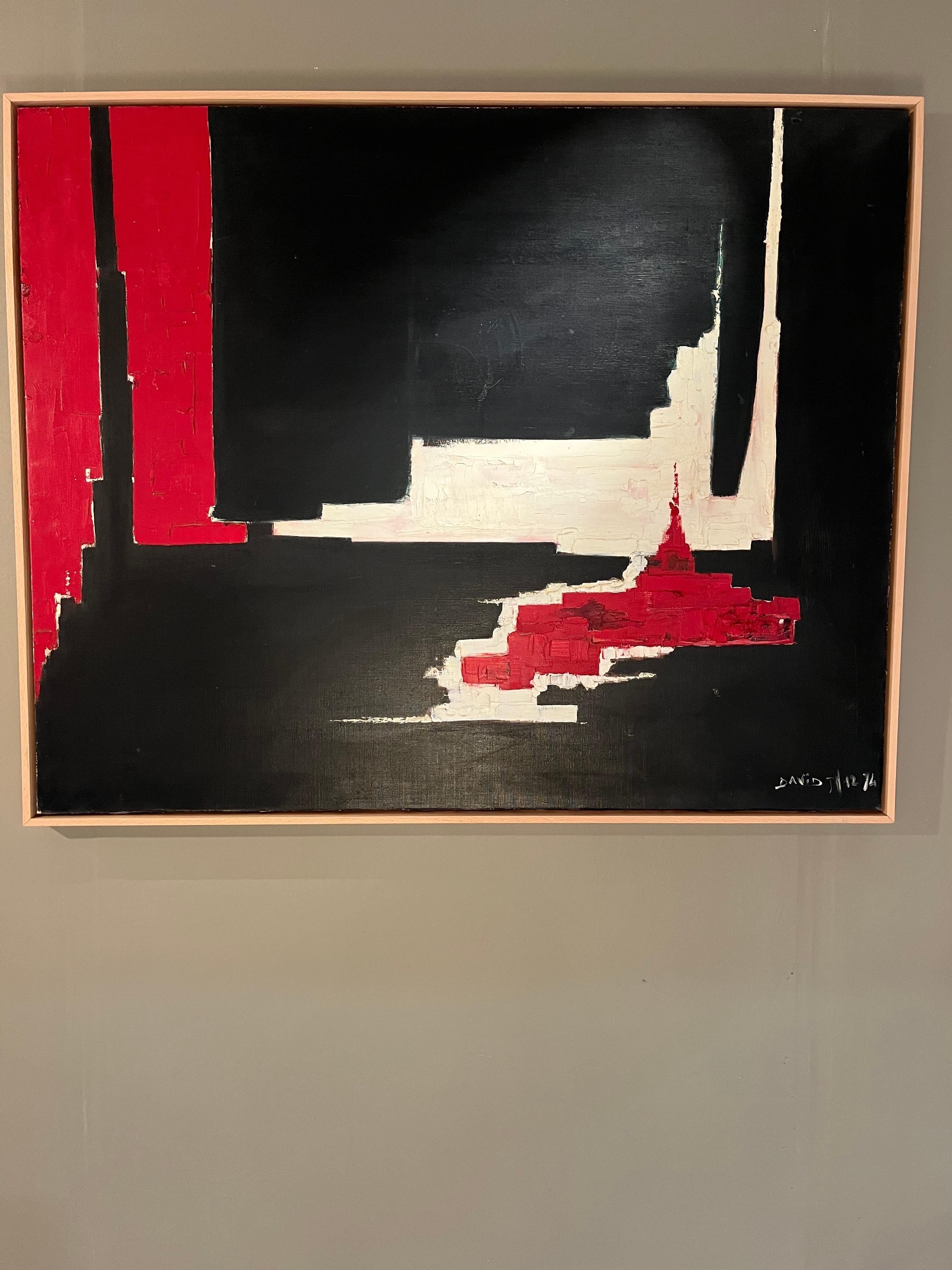 Ein großes abstraktes Landschaftsgemälde von Jean-Marc David aus dem Jahr 1974, das Le Mont Saint Michel in Frankreich zeigt. Kleine Restaurierung. Umgestaltet.