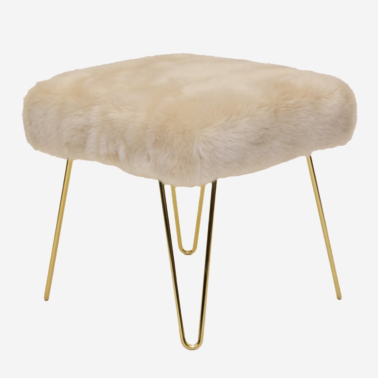 Post-Modern Montage Faux Fur Ottomans on Brass Hairpin Legs, Pair For Sale