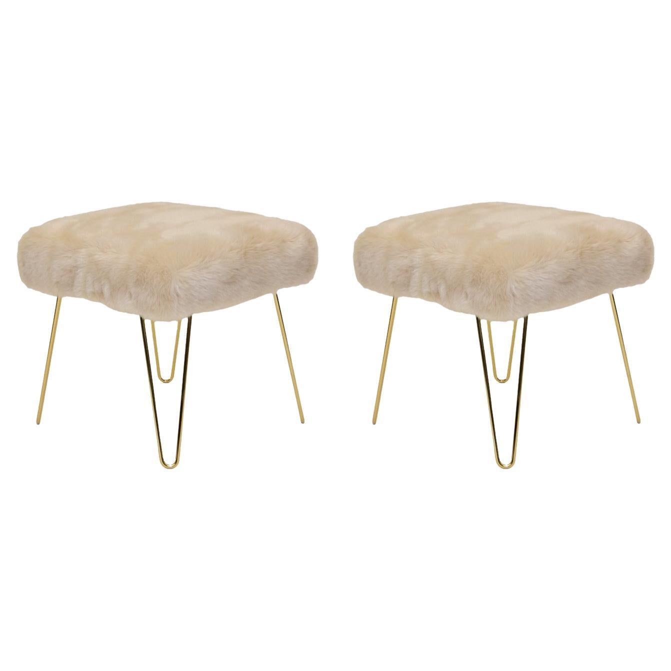 Montage Faux Fur Ottomans on Brass Hairpin Legs, Pair For Sale