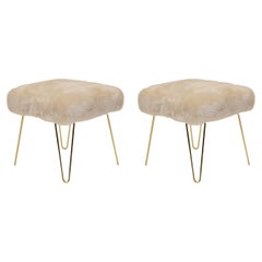 Montage Faux Fur Ottomans on Brass Hairpin Legs, Pair