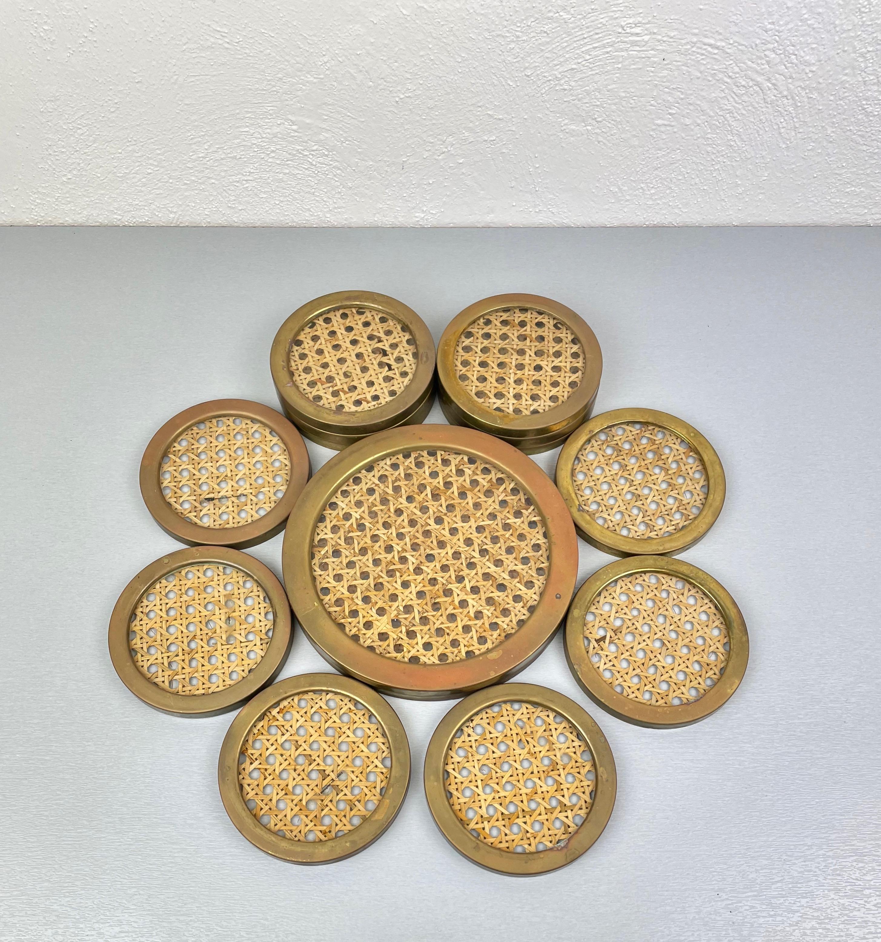 Italian Montagnani Lucite Wicker Brass Barware Coaster, 14 Pieces, Italy, 1970s