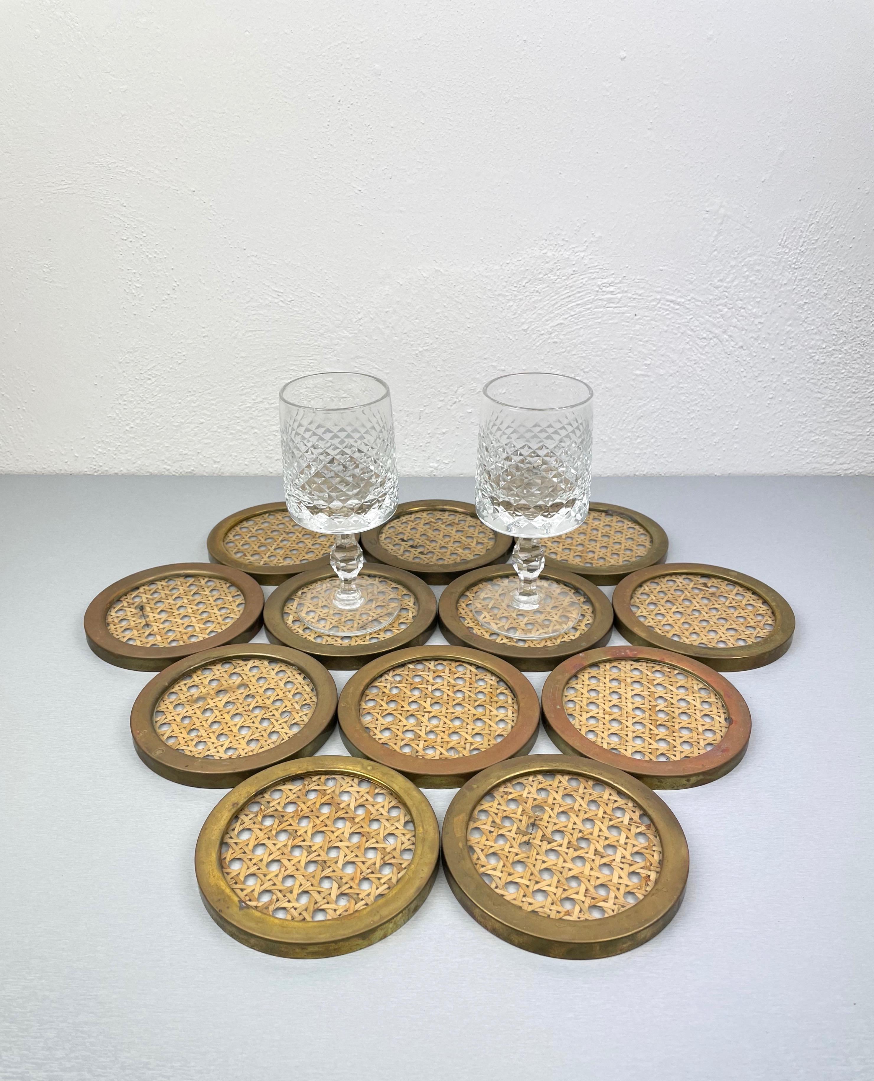 Metal Montagnani Lucite Wicker Brass Barware Coaster, 14 Pieces, Italy, 1970s