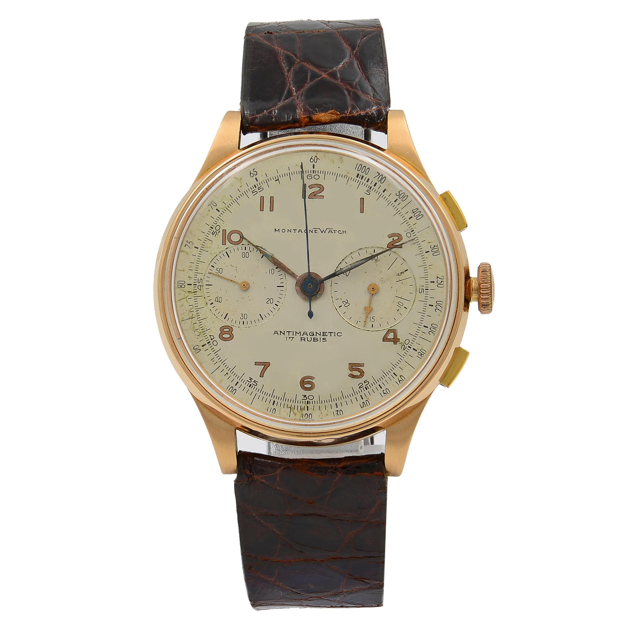 This pre-owned Monet Antimagnetic  is a beautiful men's timepiece that is powered by a mechanical movement which is cased in a rose gold case. It has a round shape face, chronograph dial and has hand arabic numerals style markers. It is completed