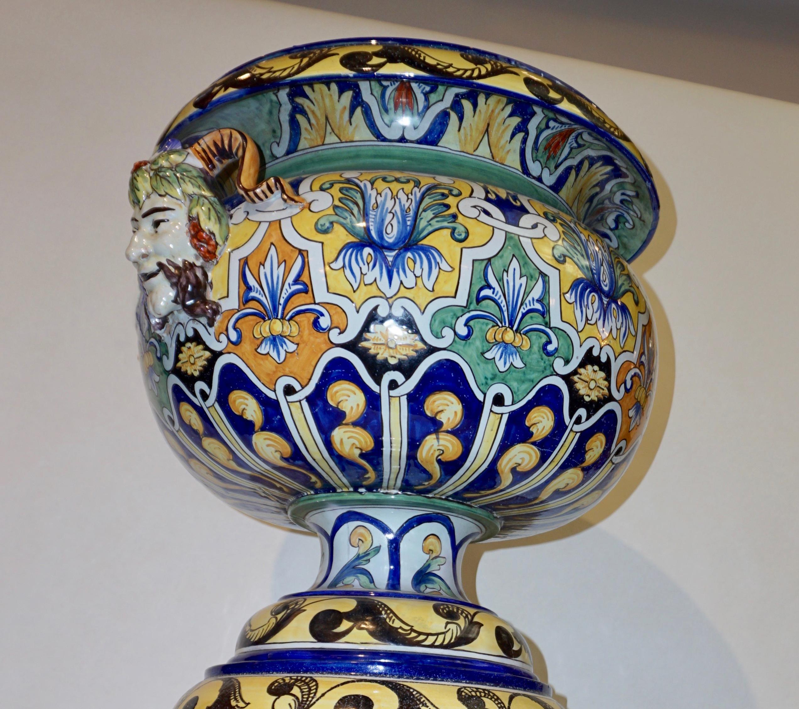 Montagnon 1880s French Monumental Blue Yellow Green Majolica Jardinière on Stand 2