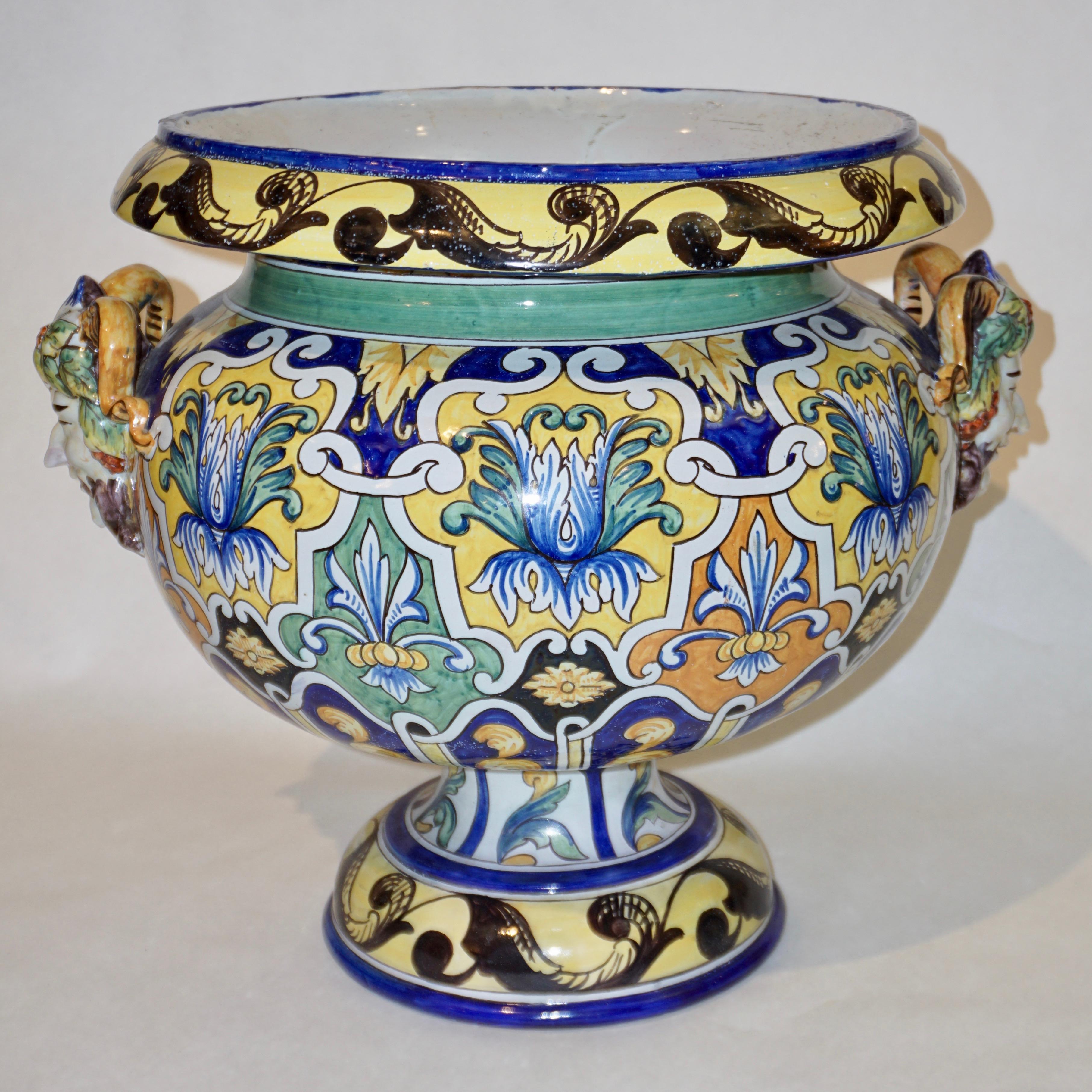 Montagnon 1880s French Monumental Blue Yellow Green Majolica Jardinière on Stand 3
