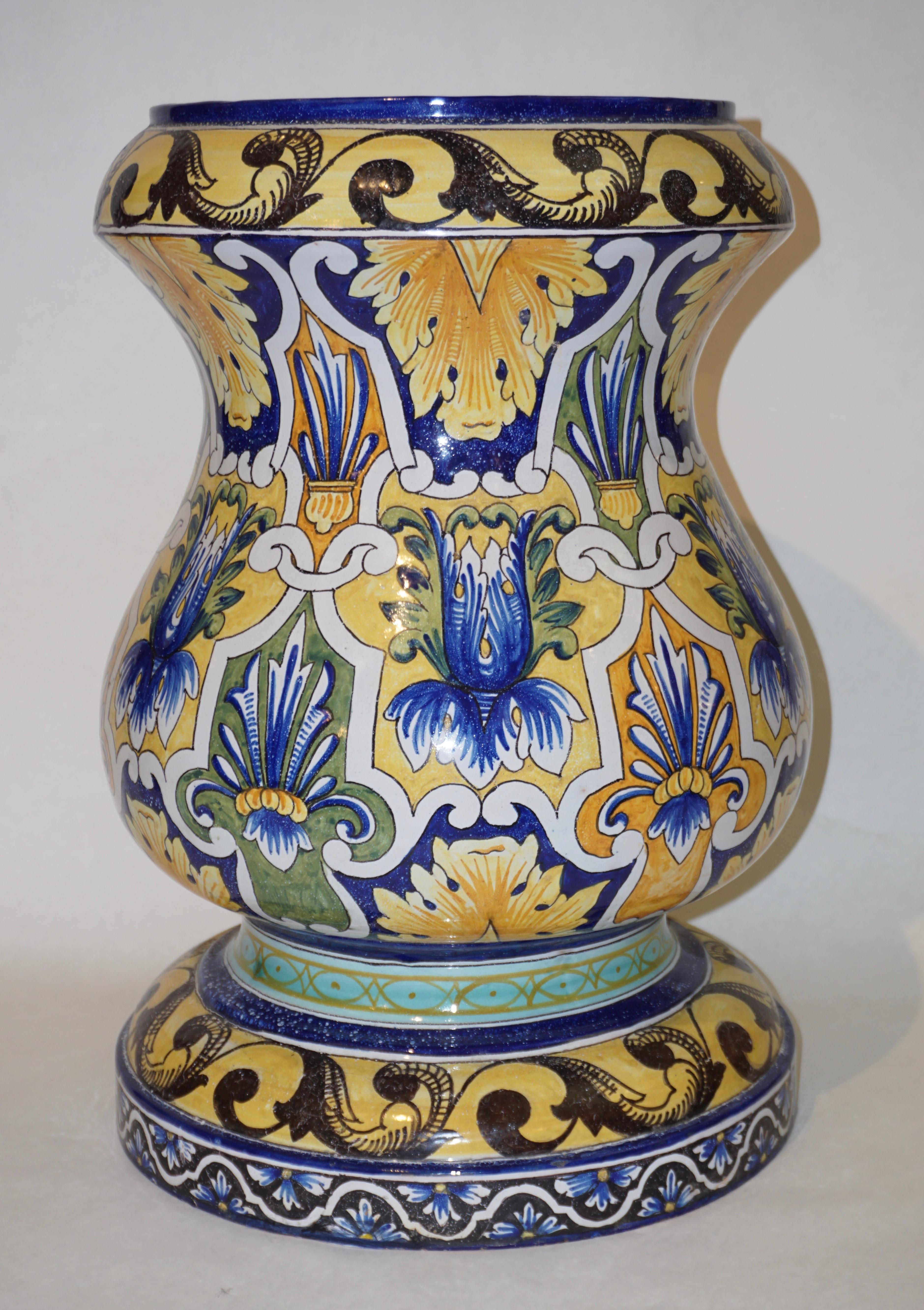 Montagnon 1880s French Monumental Blue Yellow Green Majolica Jardinière on Stand 6
