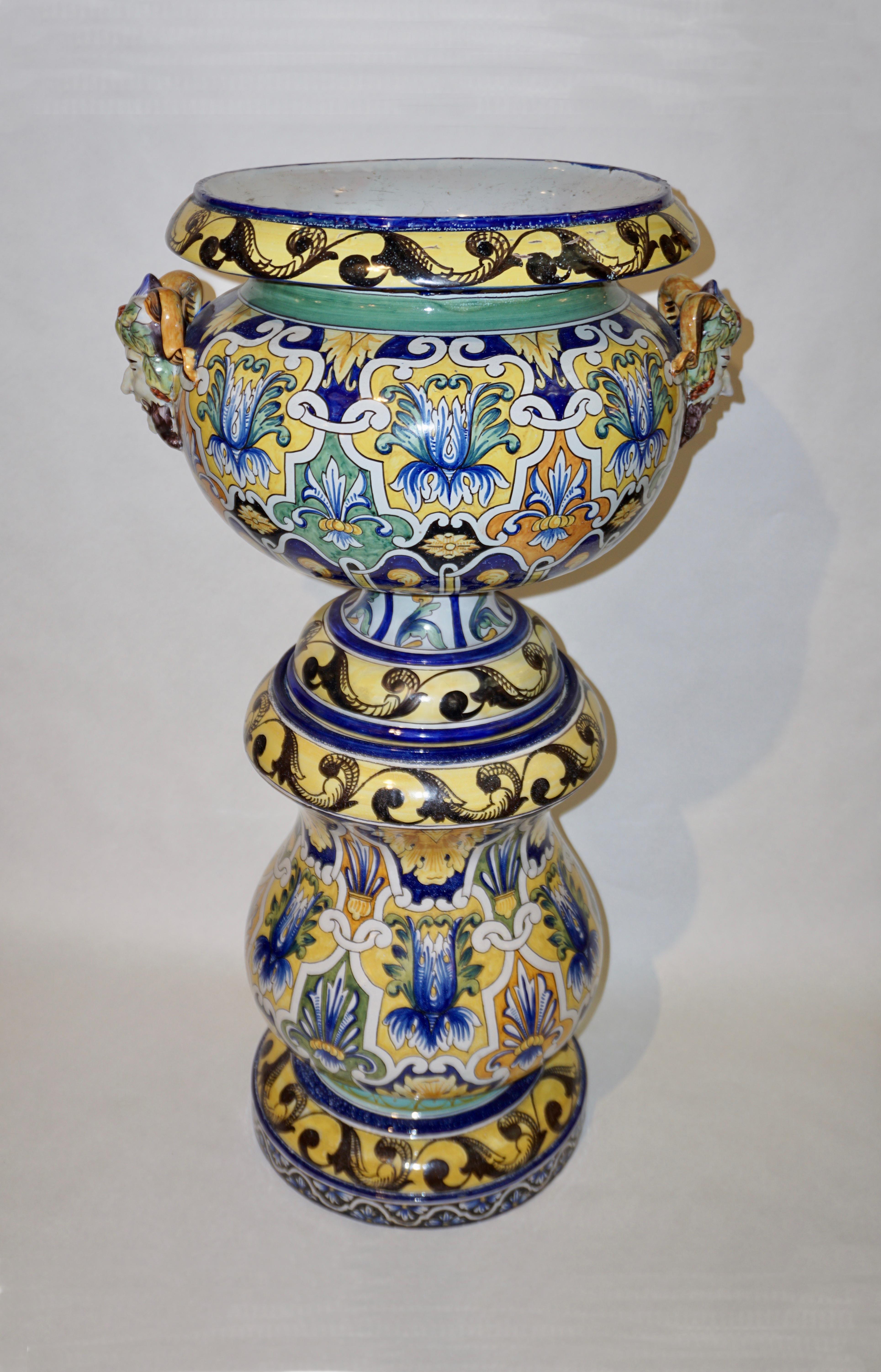Montagnon 1880s French Monumental Blue Yellow Green Majolica Jardinière on Stand 7