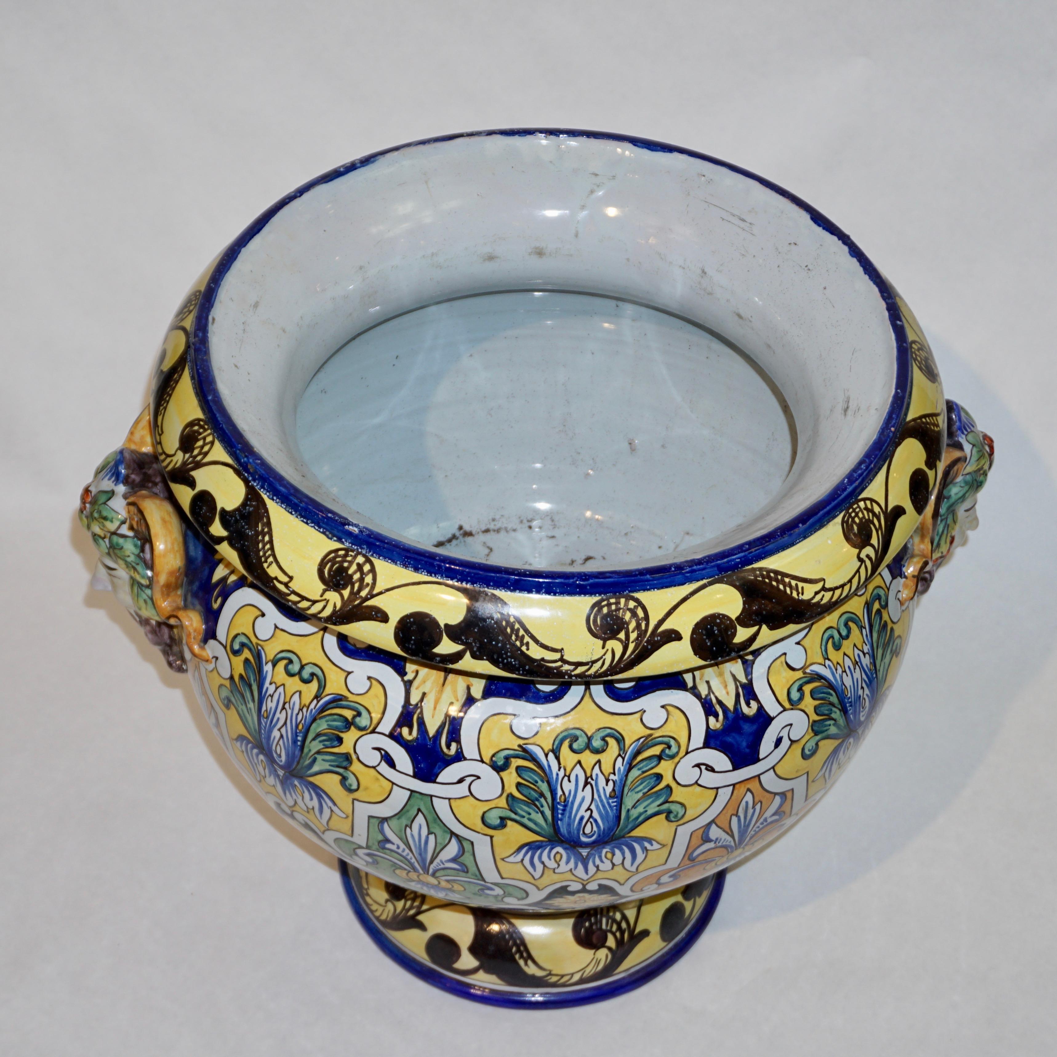 Montagnon 1880s French Monumental Blue Yellow Green Majolica Jardinière on Stand 8