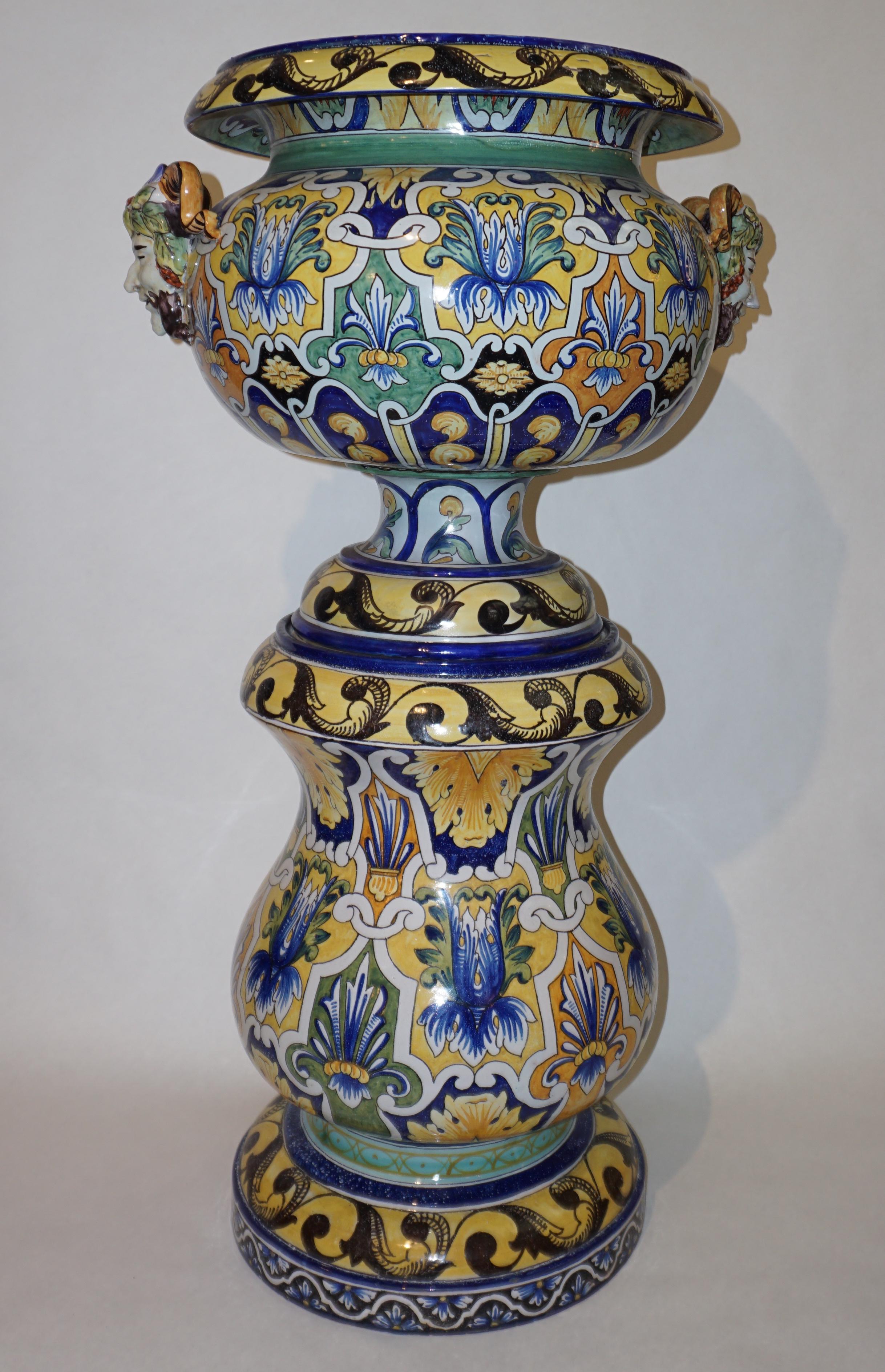 Montagnon 1880s French Monumental Blue Yellow Green Majolica Jardinière on Stand 9