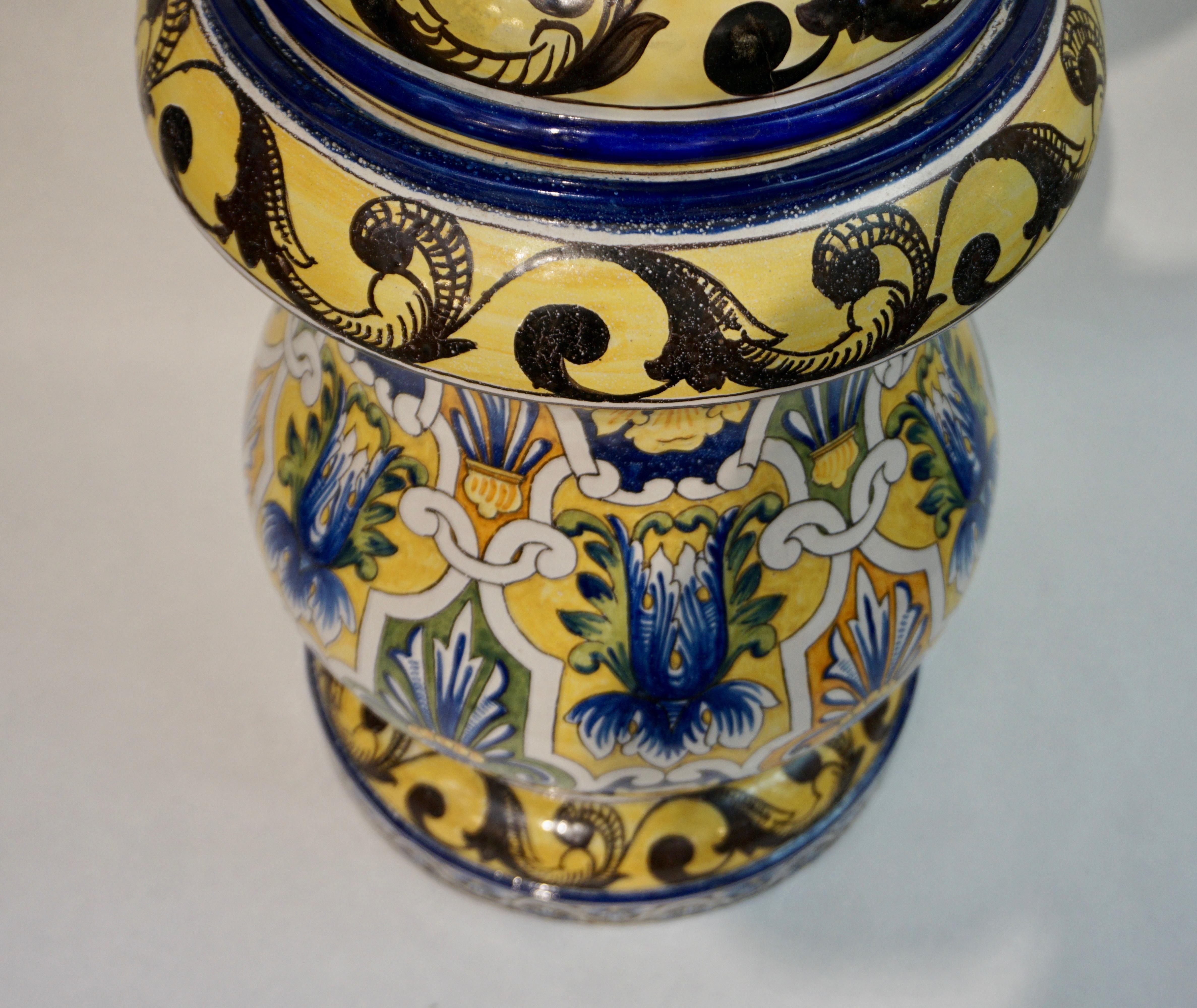 Enamel Montagnon 1880s French Monumental Blue Yellow Green Majolica Jardinière on Stand