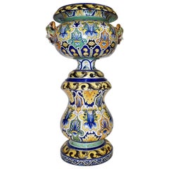 Montagnon 1880s French Monumental Blue Yellow Green Majolica Jardinière on Stand