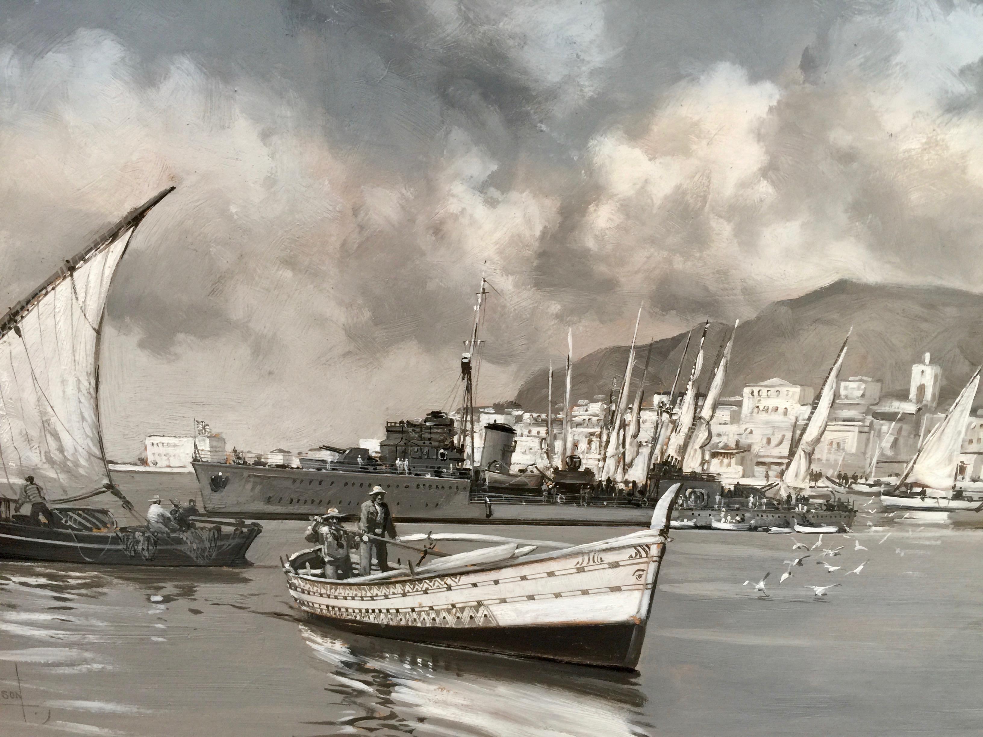 Hunt Class destroyer in Valetta Harbor Malta during WW2 with Lord Mountbatten - Painting by Montague Dawson