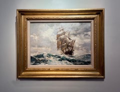 Making a Run" Peinture de paysage marin atmosphérique du 20e siècle représentant un clipper en mer