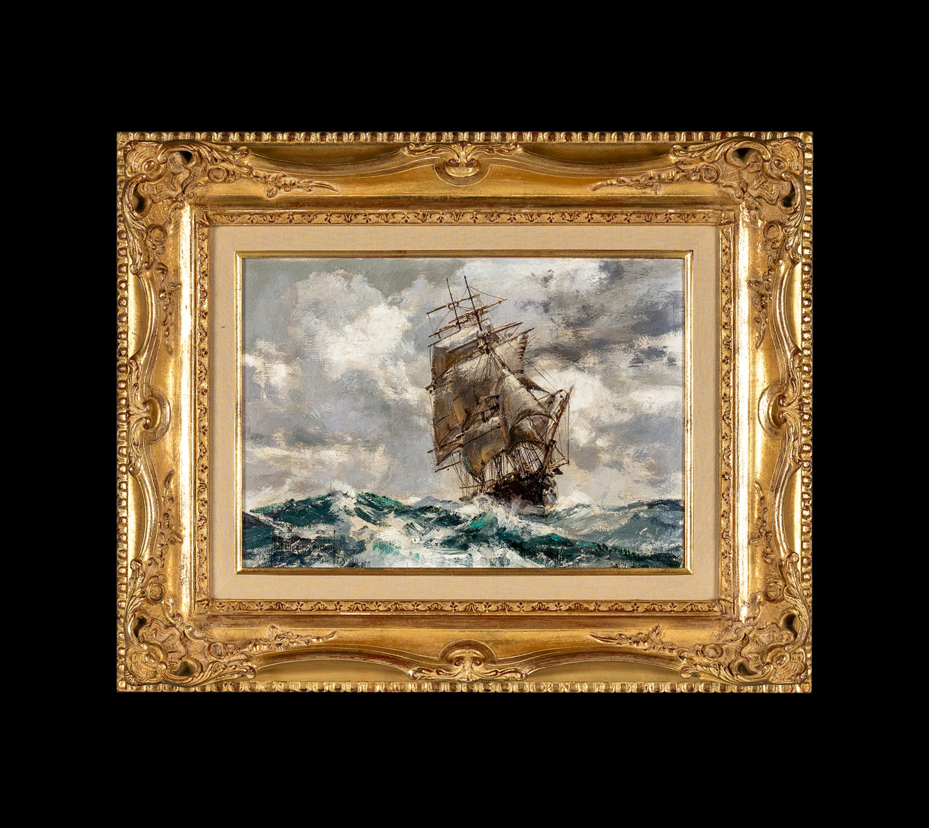 Making a Run Impressionist Clipper Sailing Ship in Rough Seas, Water, Boat - Painting by Montague Dawson