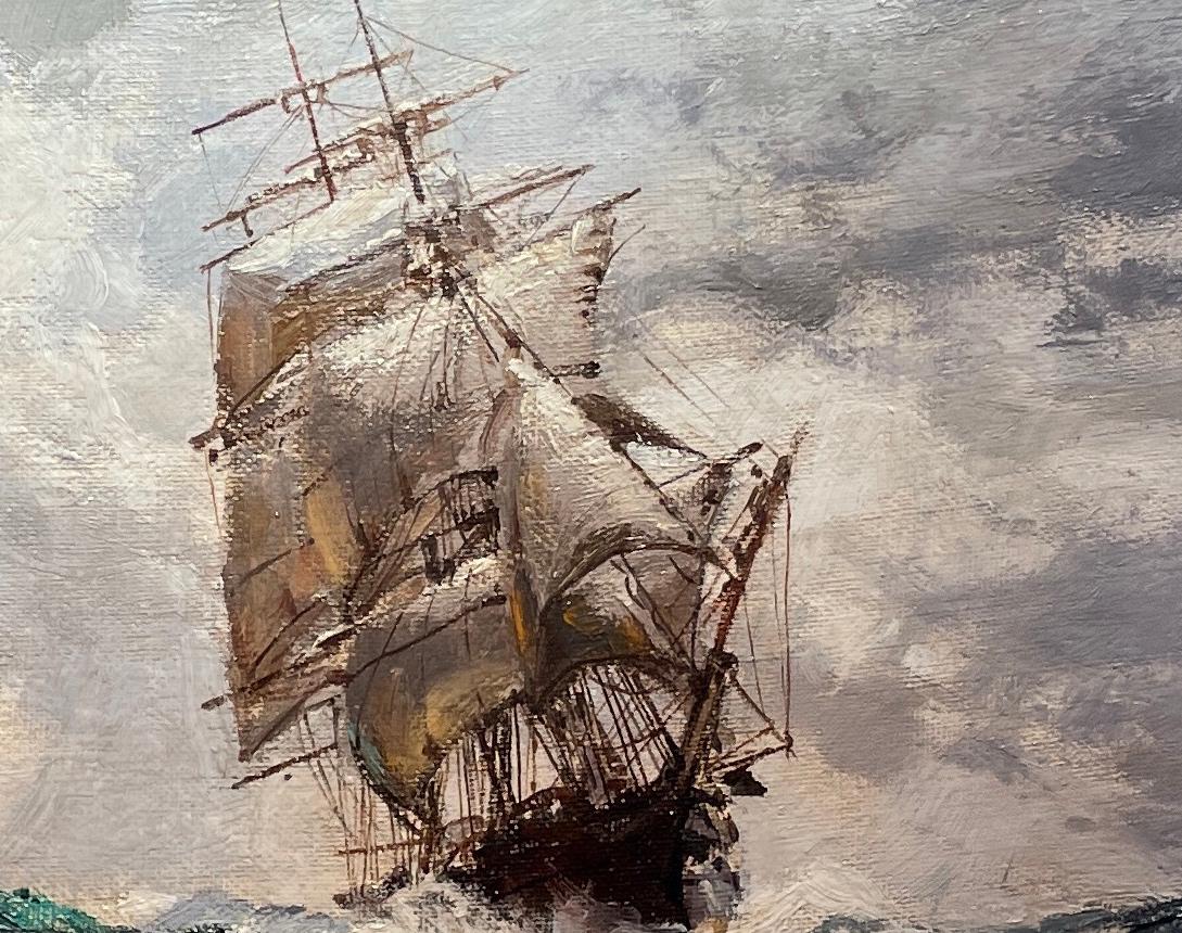 Making a Run Impressionist Clipper Sailing Ship in Rough Seas, Water, Boat - Gray Landscape Painting by Montague Dawson