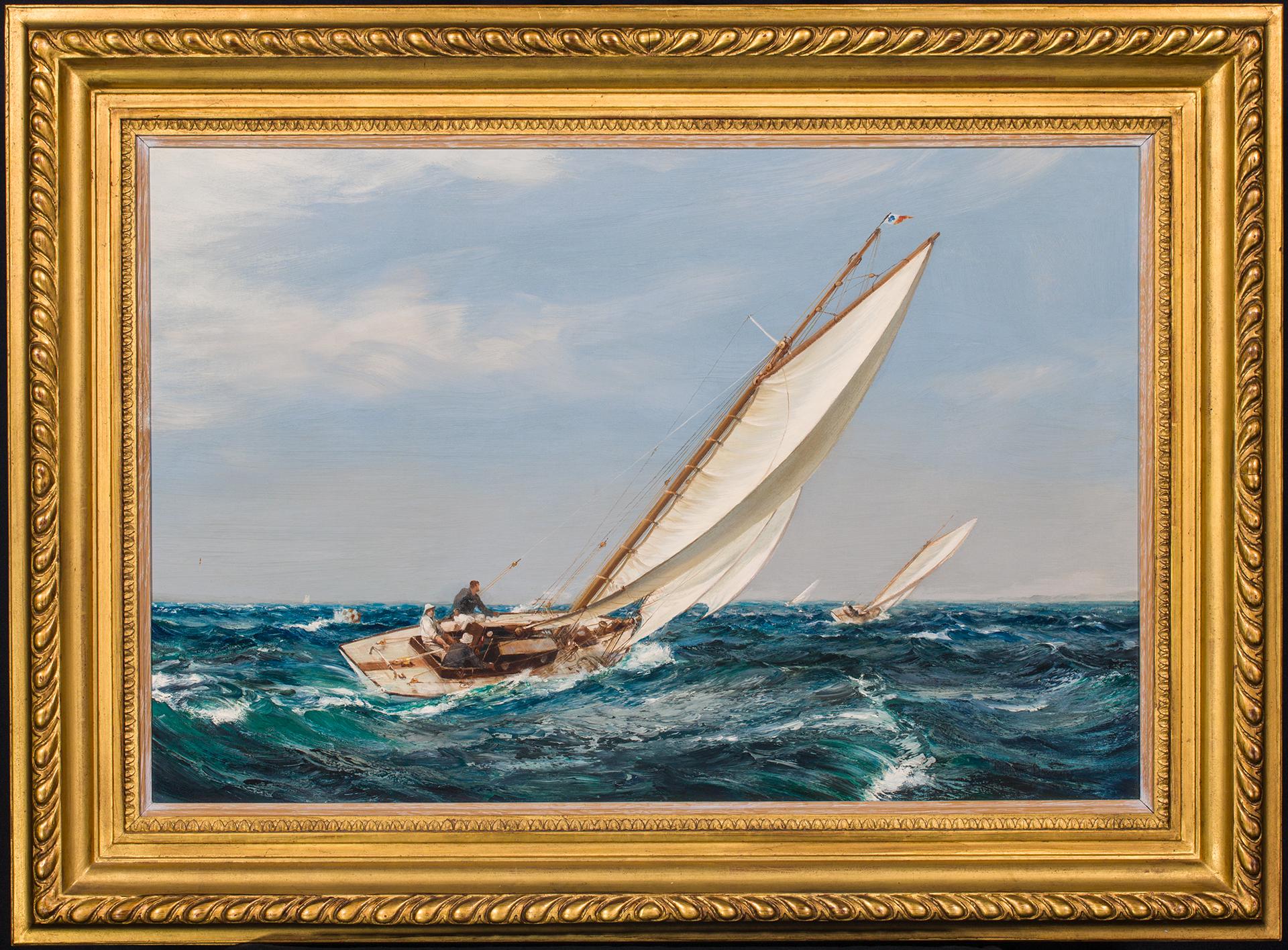Solent One Racers cut across the rolling waves in this striking work by master maritime artist Montague Dawson. These are racing on the Solent, the strait between the Isle of Wight and the English mainland.

The Solent One Design was one of the