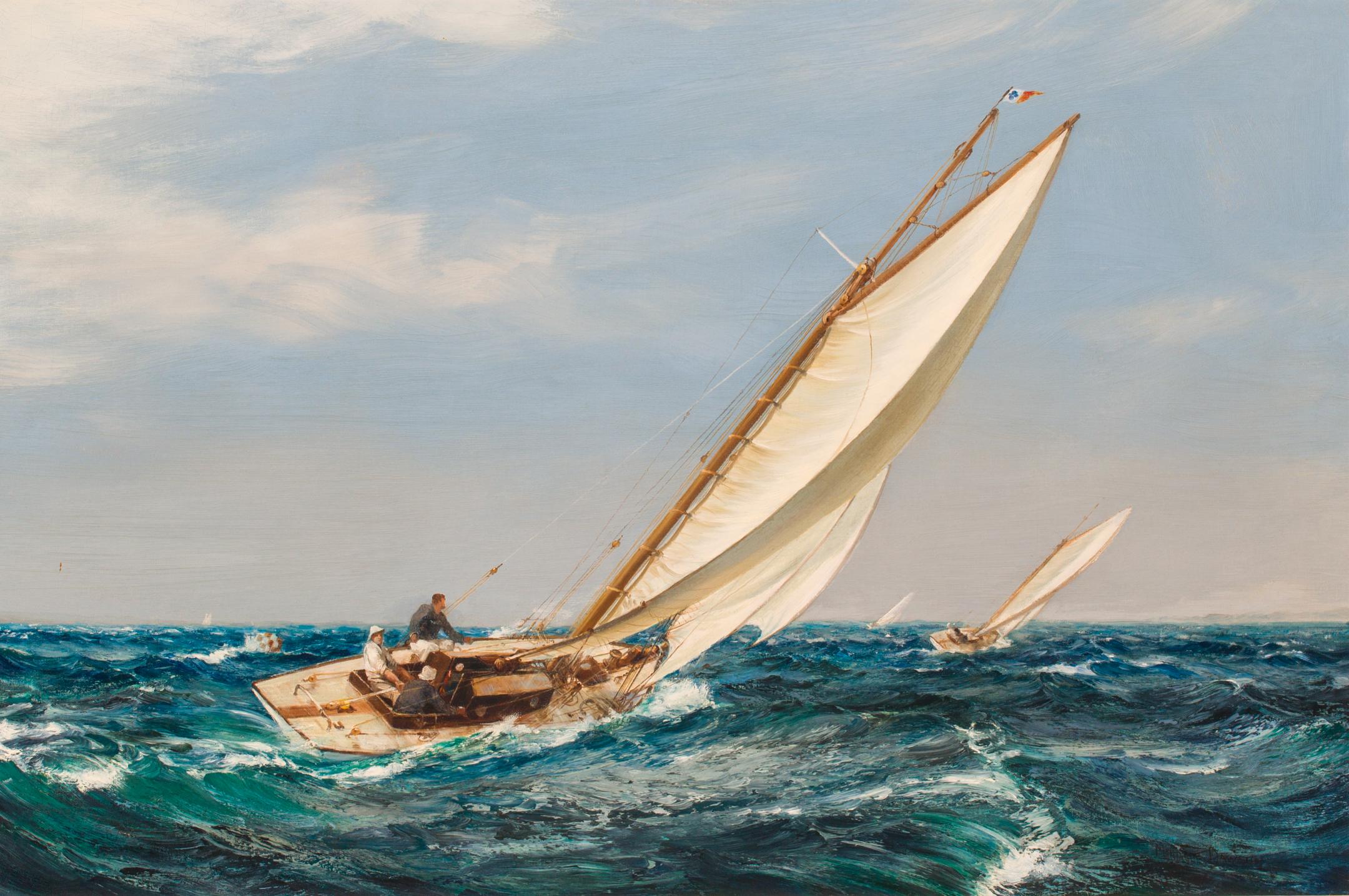 Solent Ones Rounding the Lepe Mark - Painting by Montague Dawson