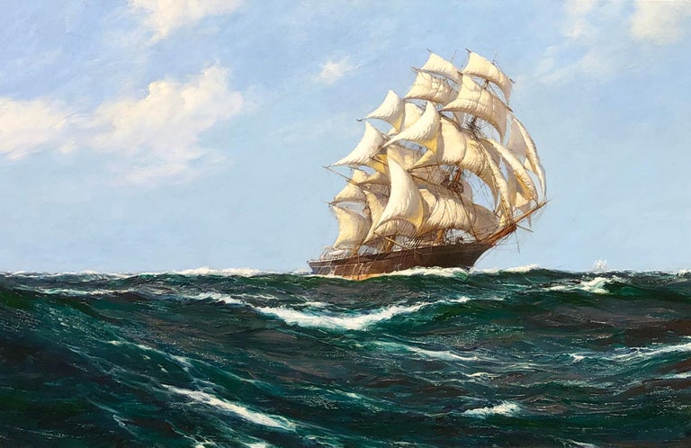 The “Red Jacket” on Open Seas - Montague Dawson - Maritime Painting  - Blue Landscape Painting by Montague Dawson