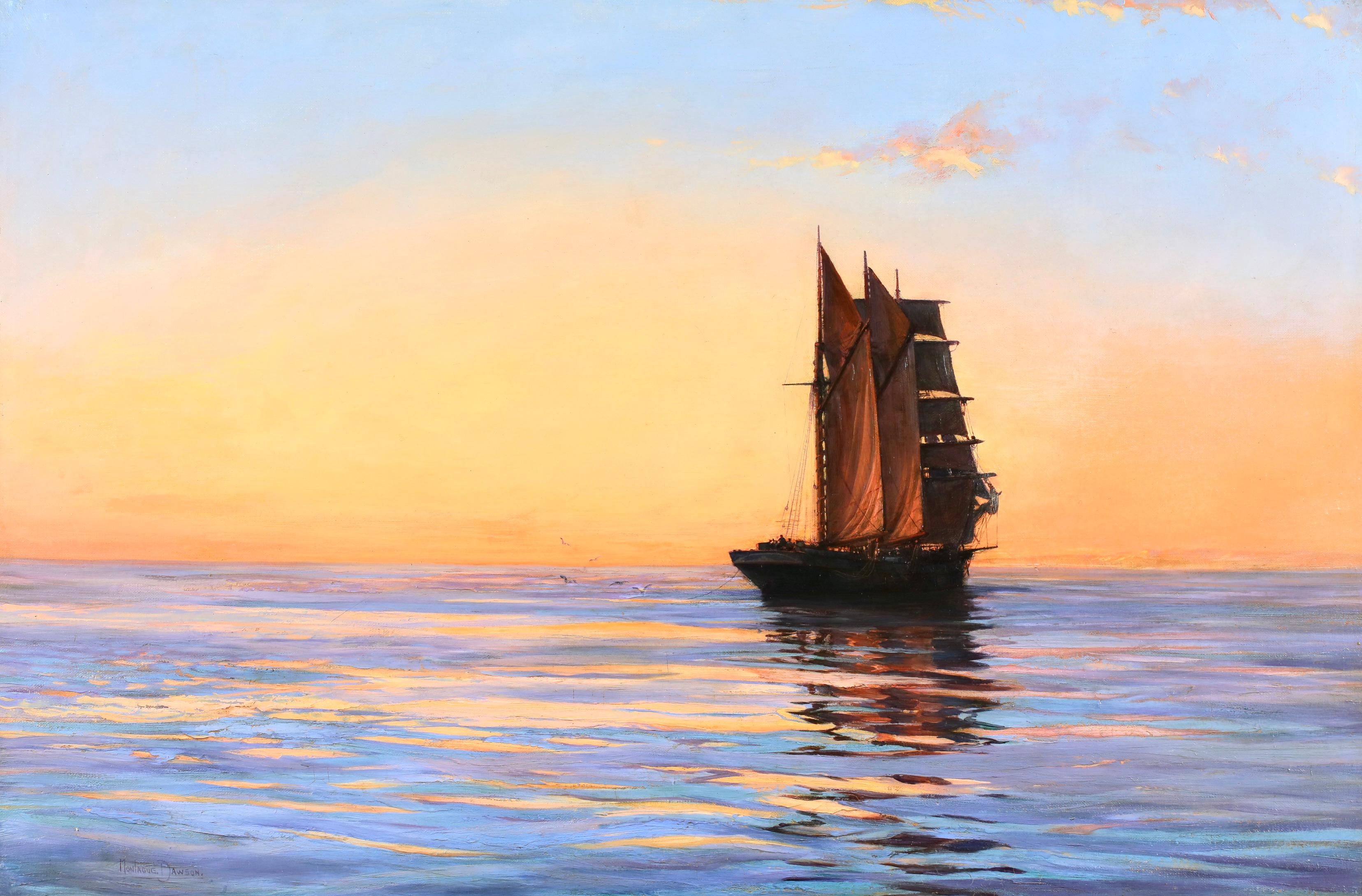 La bruja del agua anclada - Atardecer - Óleo marítimo realista de Montague Dawson 1