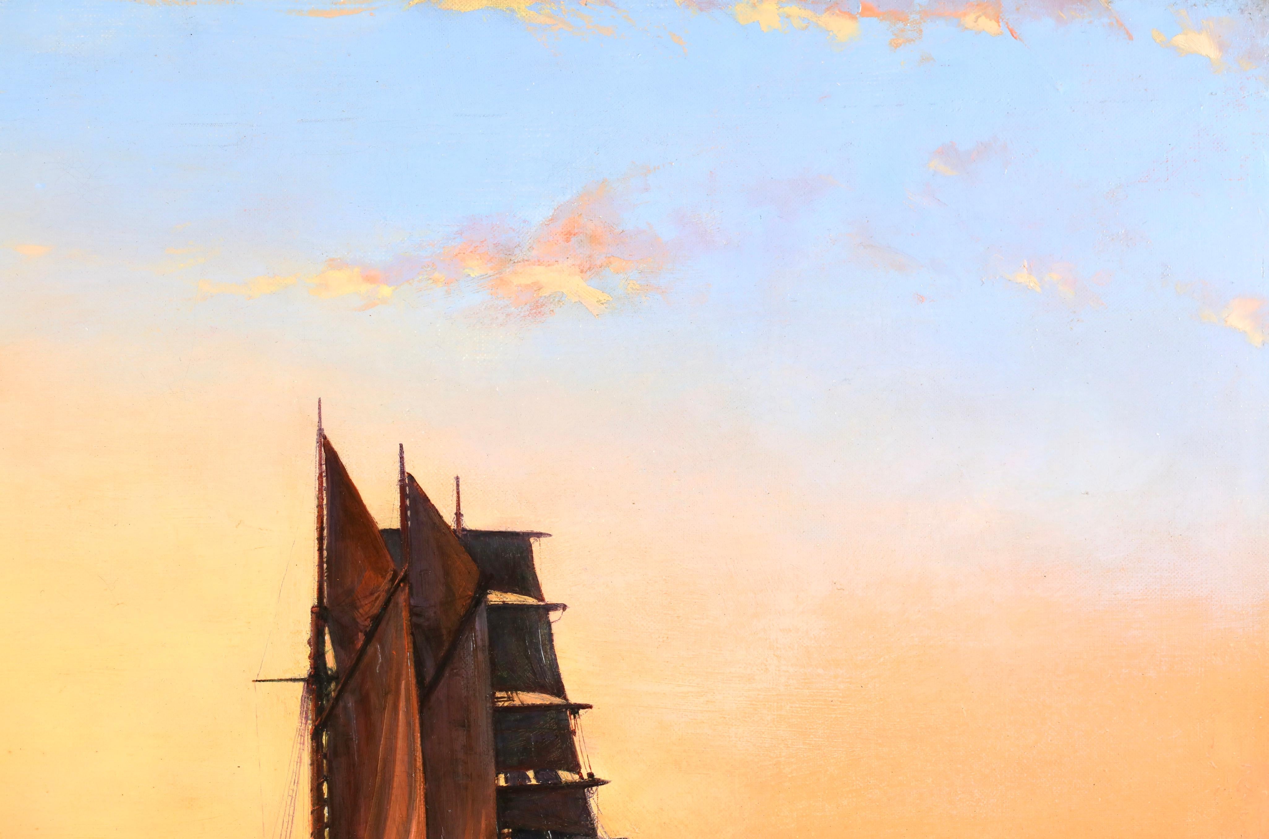 La bruja del agua anclada - Atardecer - Óleo marítimo realista de Montague Dawson 2
