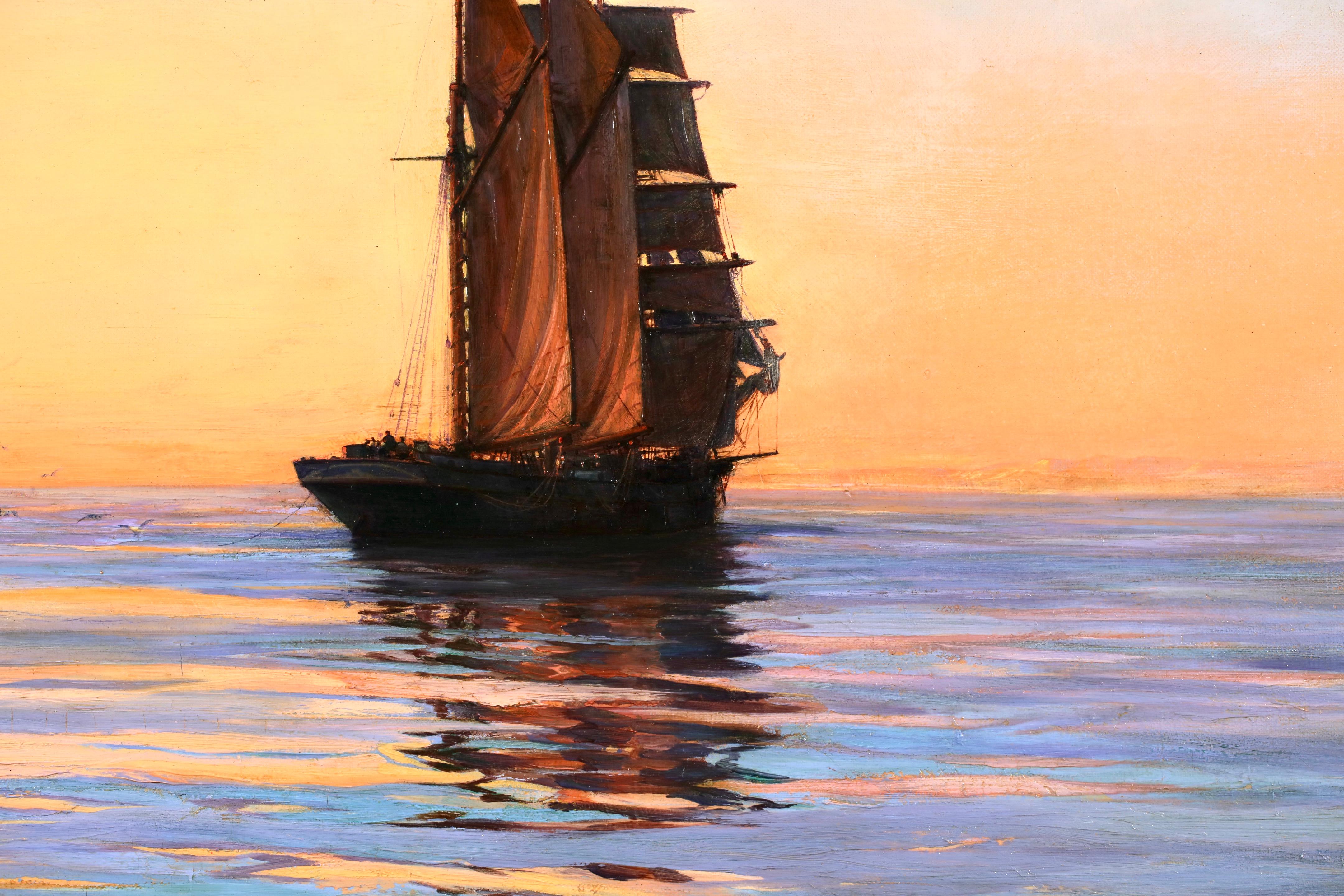 La bruja del agua anclada - Atardecer - Óleo marítimo realista de Montague Dawson 3