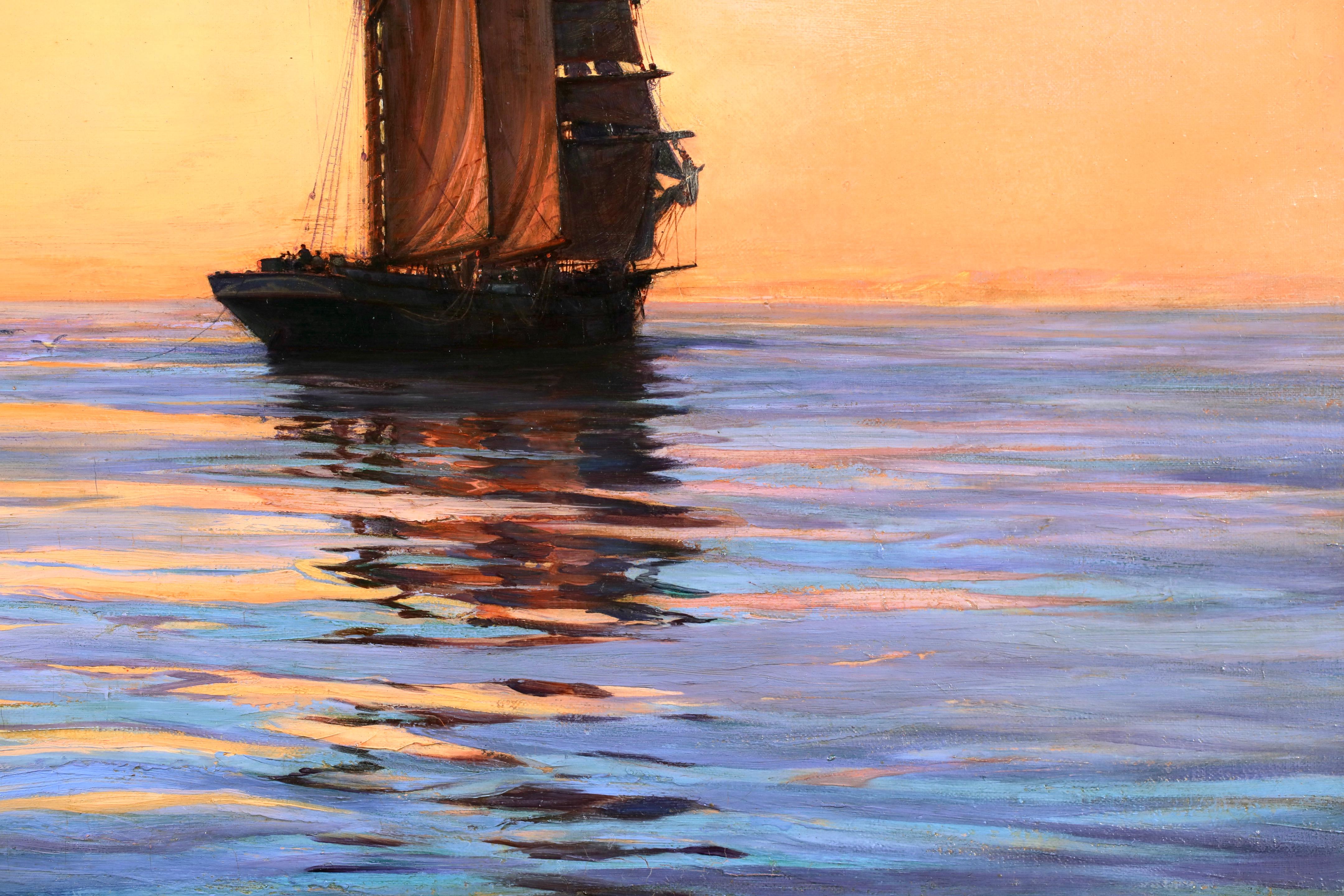 La bruja del agua anclada - Atardecer - Óleo marítimo realista de Montague Dawson 4