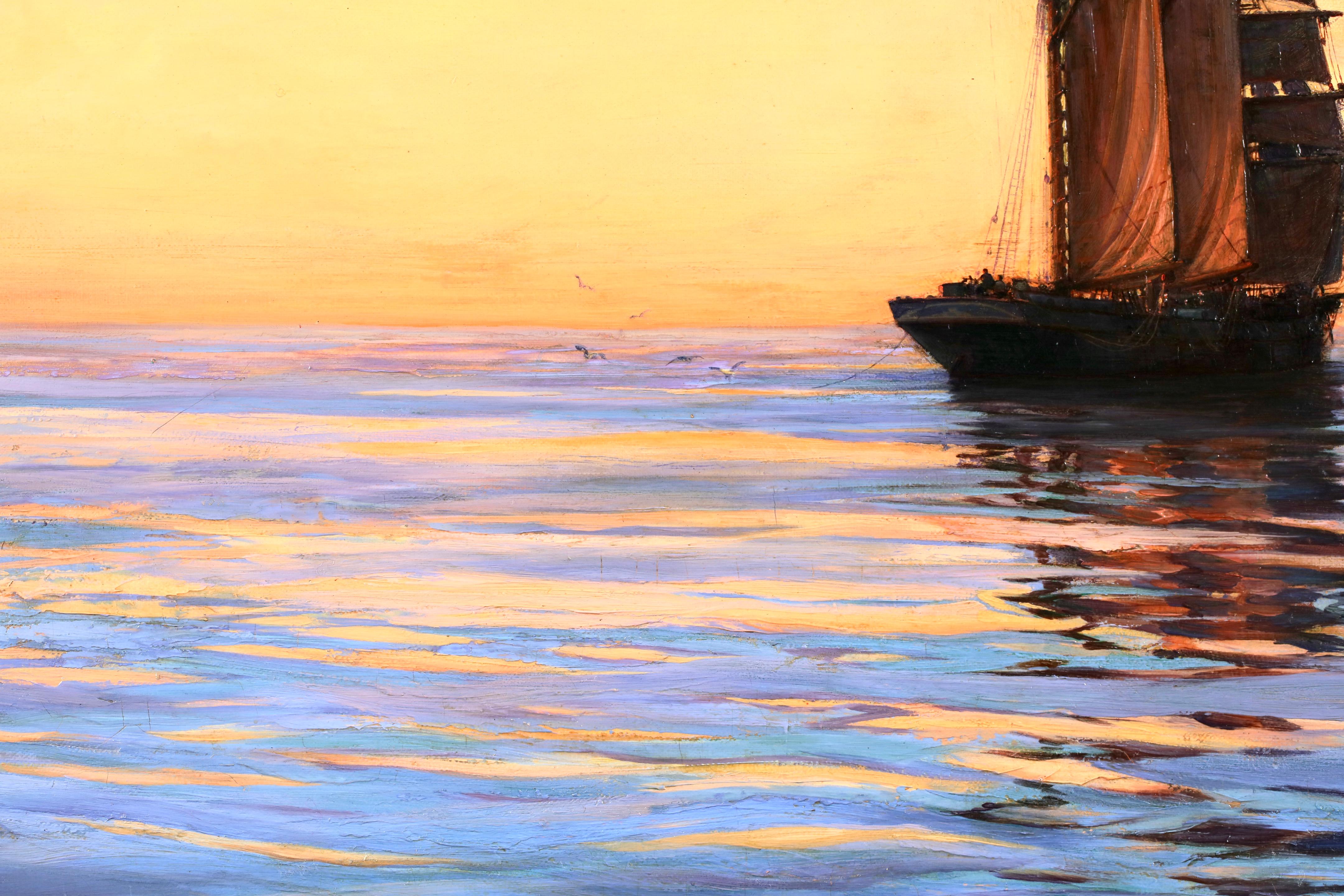 La bruja del agua anclada - Atardecer - Óleo marítimo realista de Montague Dawson 5