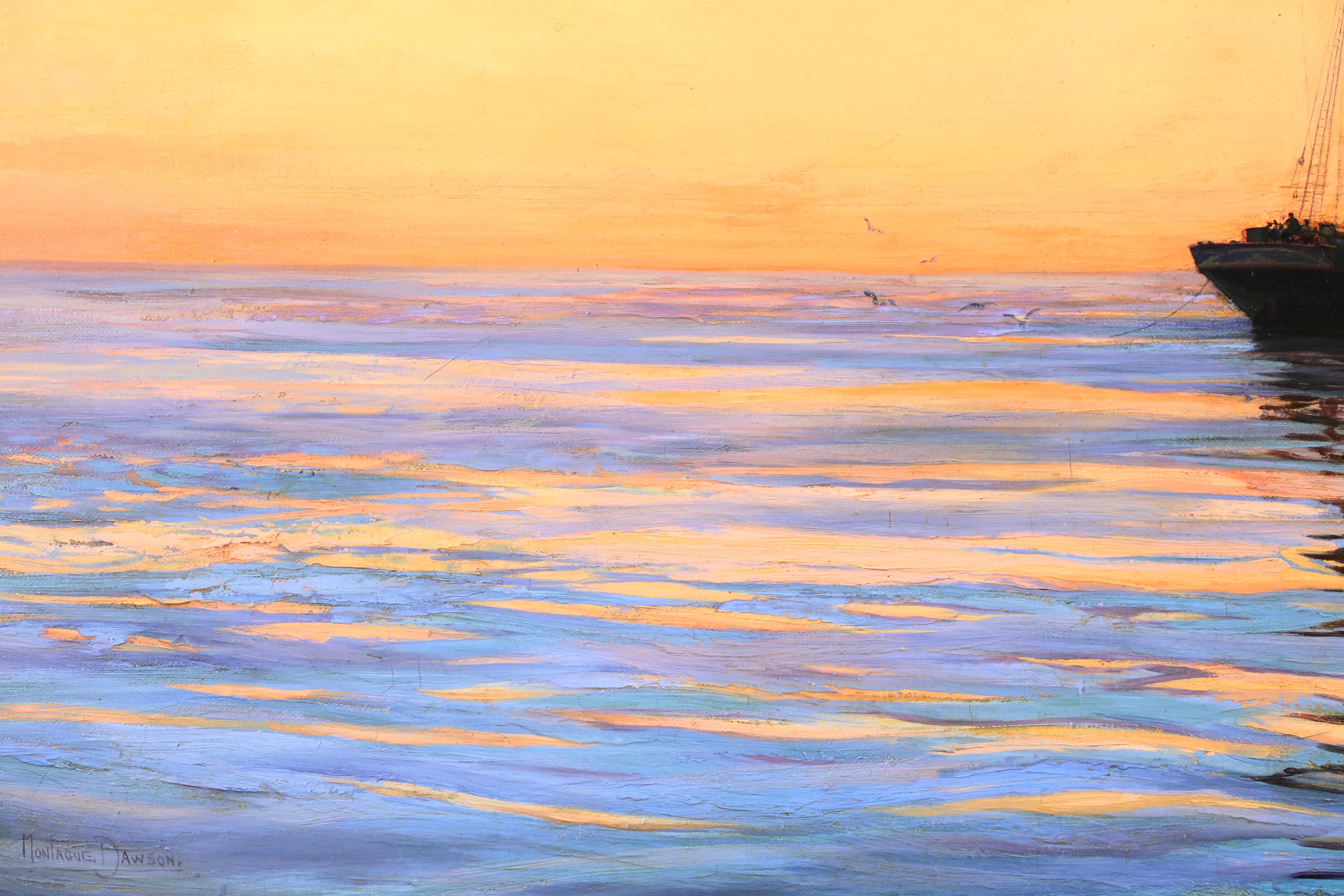 La bruja del agua anclada - Atardecer - Óleo marítimo realista de Montague Dawson 7