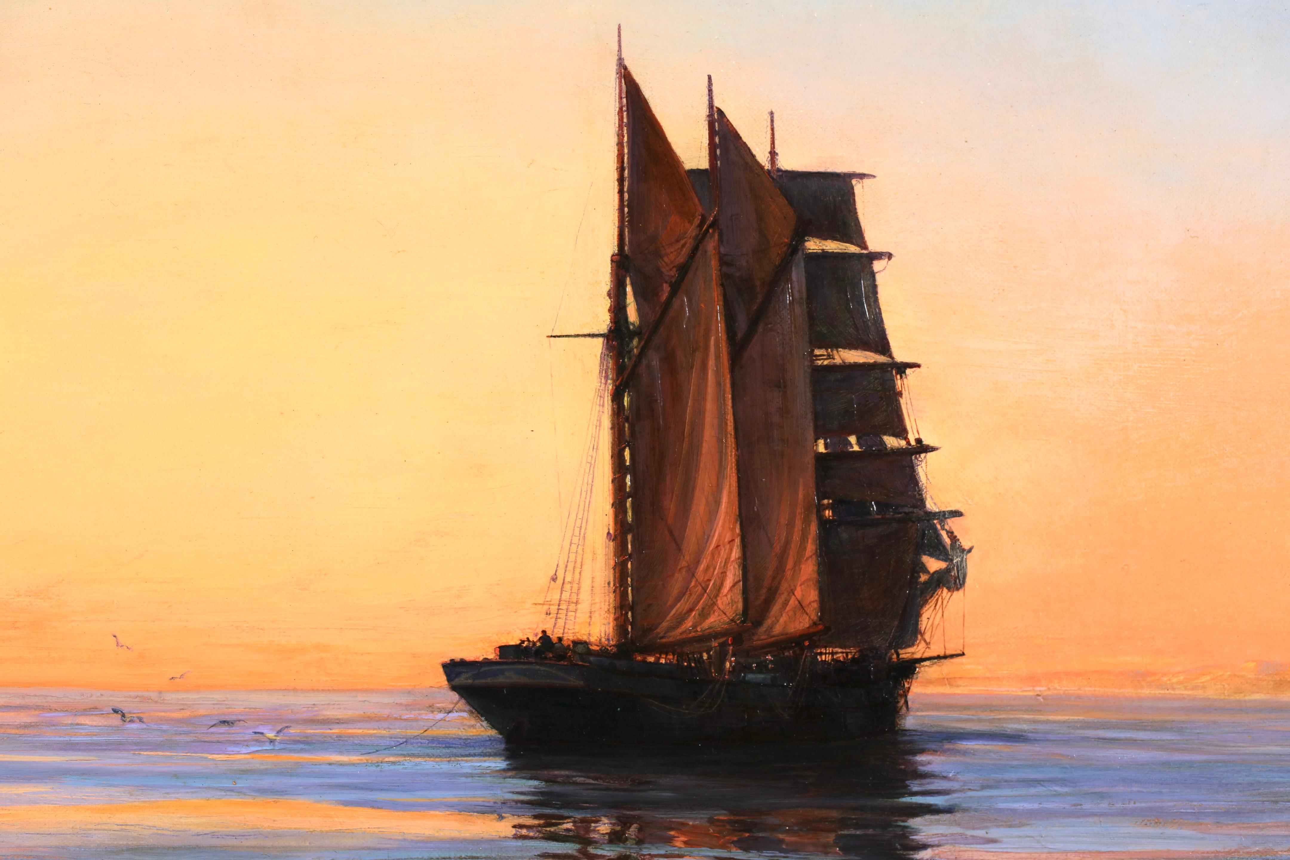 La bruja del agua anclada - Atardecer - Óleo marítimo realista de Montague Dawson 8