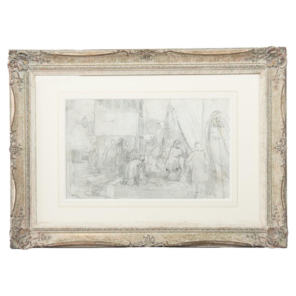 Montague Dawson : esquisse au crayon sur papier représentant des chalutiers en train de trier leurs prises