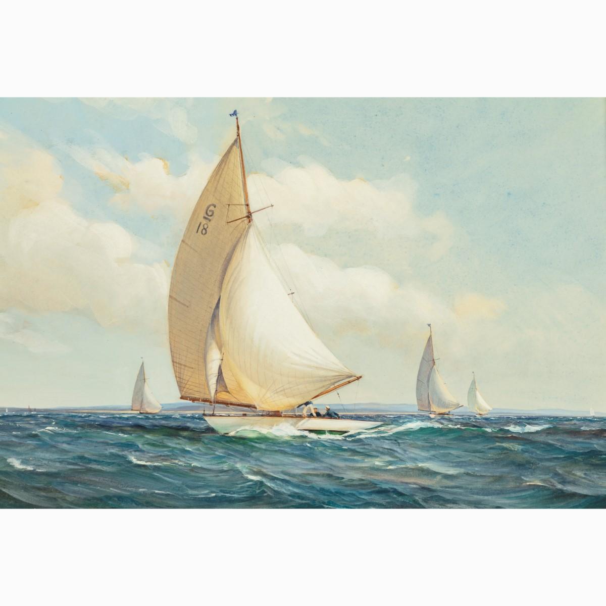 Montague Dawson: Racing Six-Metre yachts, goache on paper showing a yacht number 6/18, running before the wind with ‘goosewinged’ sails as she leads three other six-meter yachts. Signed ‘Montague Dawson.’ Framed in a gilt frame with a label reading