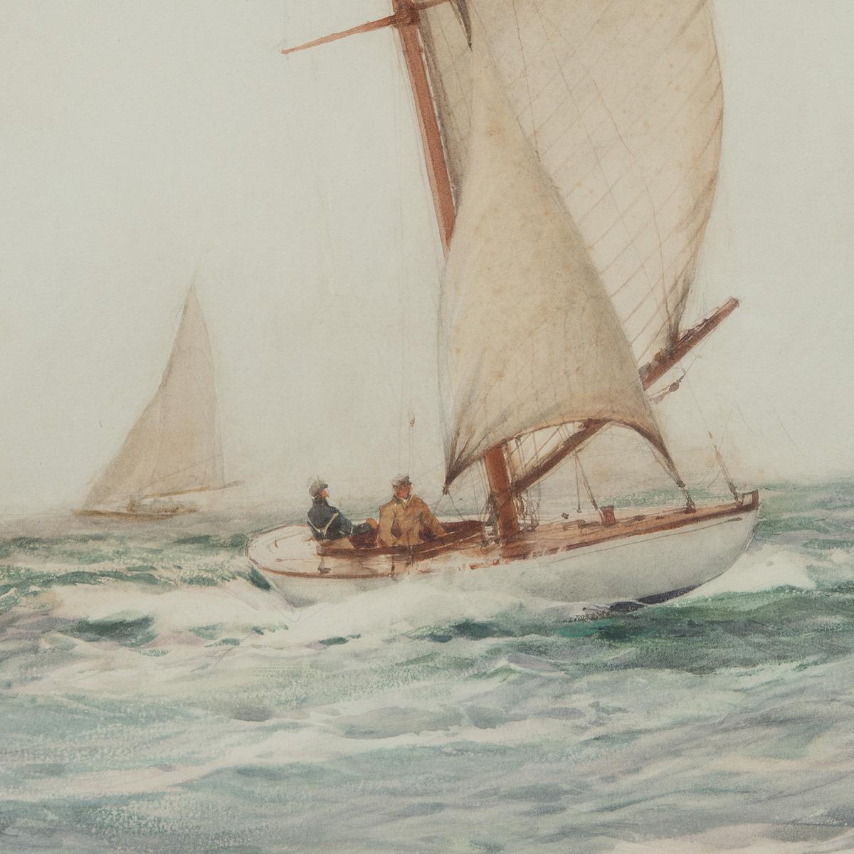 Montague Dawson: ‘Six Metre Class boat by the Lymington Spit’, a watercolour showing a white hulled Six Metre yacht sailing away from a racing buoy, running downwind with reduced goose-winged sails, behind her another yacht approaches the buoy on