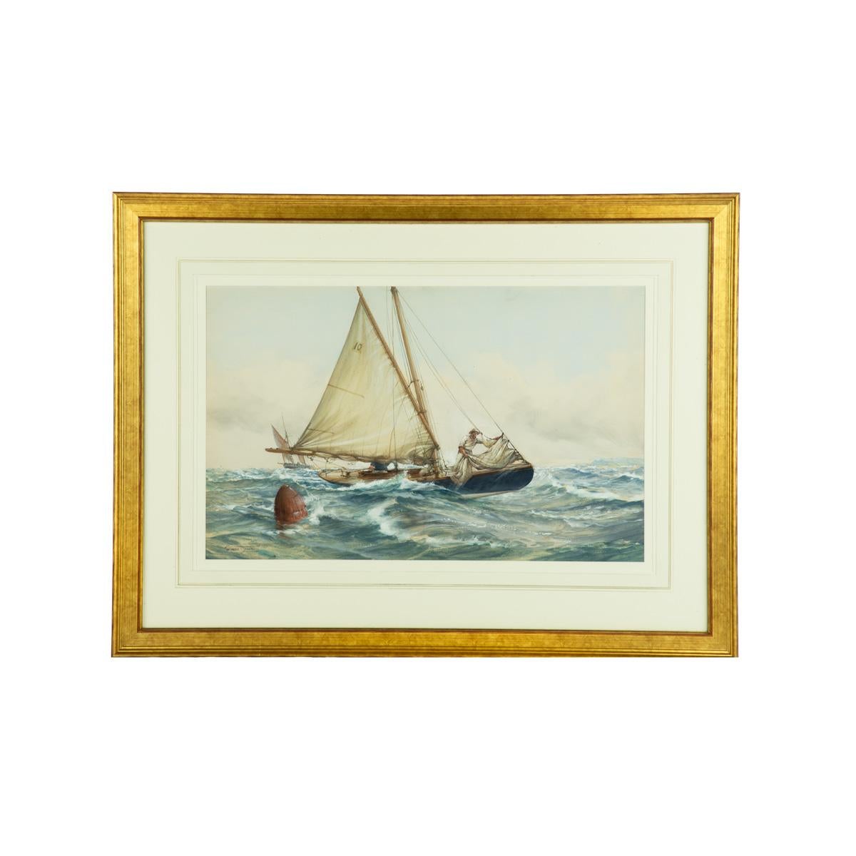 Montague Dawson: Il fiocco. Questo affascinante acquerello e gouache su carta mostra una barca da giorno armata di gaff con uno scafo blu reale che surfa su un'onda mentre la mano di prua raccoglie il fiocco. C'è una boa in primo piano e un ketch