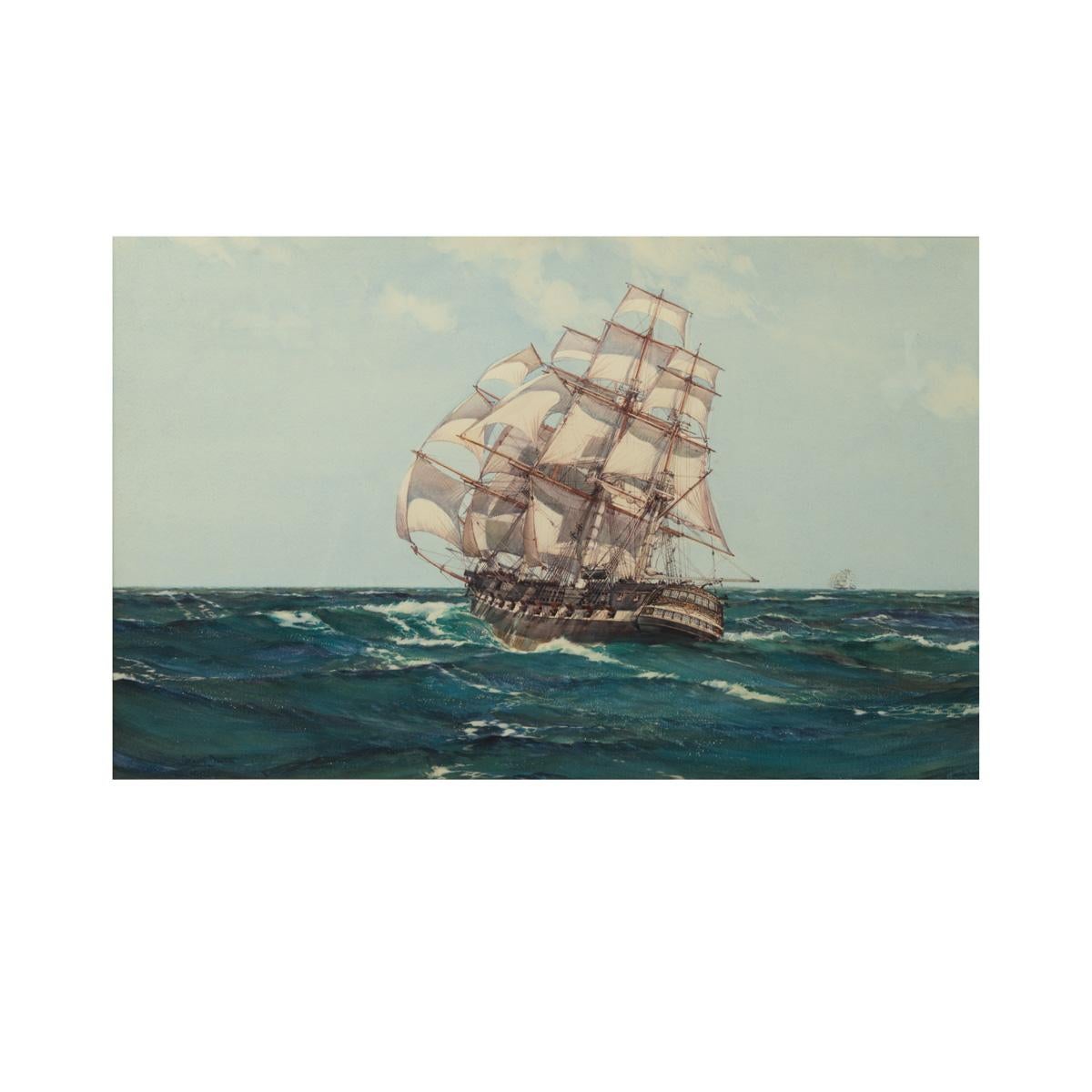 This watercolour on paper is framed under glass and signed in the left corner.  It shows the East Indiaman sailing downwind under full canvas.  The reverse has a paper trade label from Harlow, McDonald & Co, 667 Fifth Avenue, New York, giving the