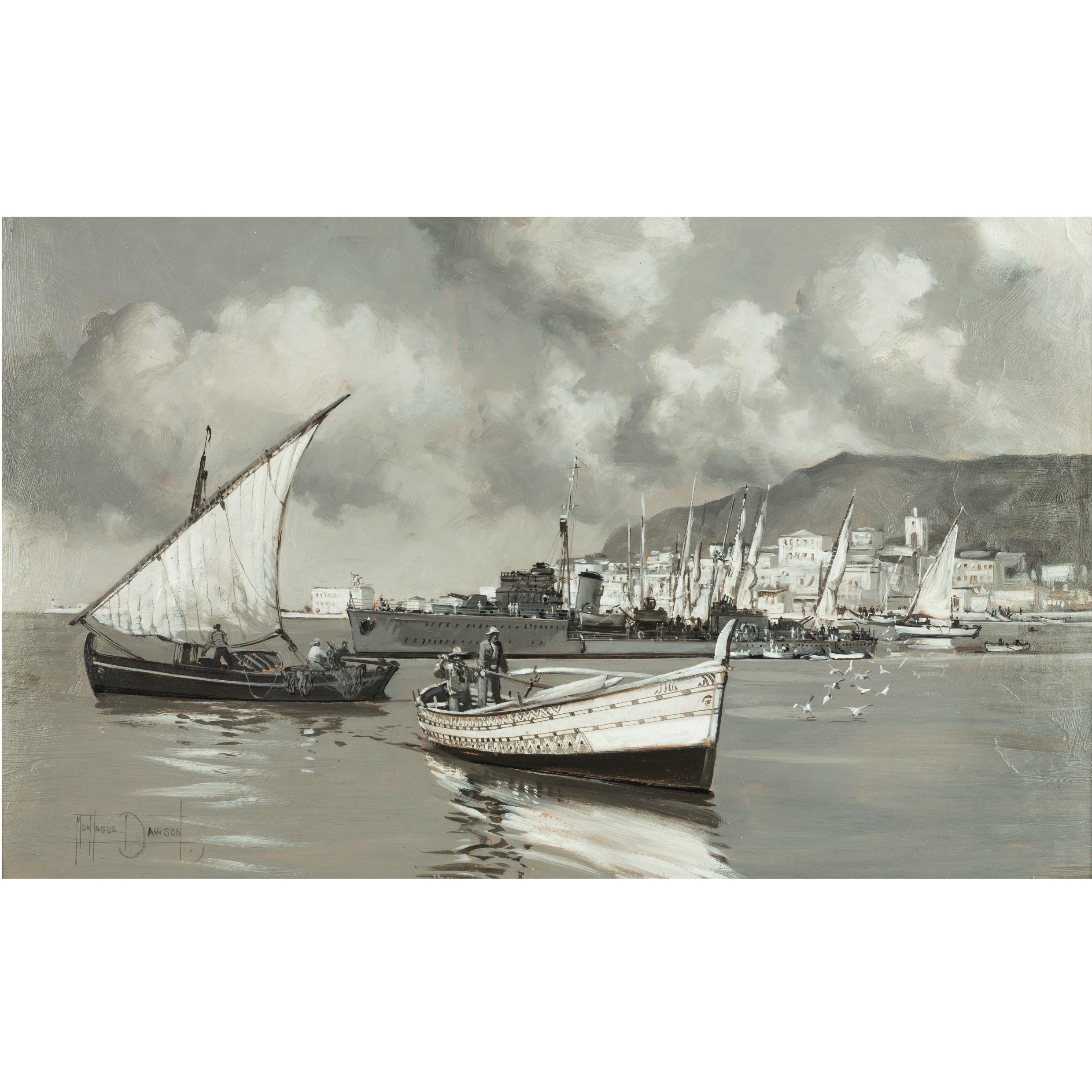 Montague J Dawson (1895-1973), ‘Valetta Harbour’, oil on board, painted in a grisaille palette with a British Hunt Class Type II destroyer in Valetta Harbour, Malta, signed ‘Montague Dawson’, English, 1940.

Footnote: Montague Dawson RMSA, FRSA