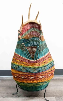 Spirit of the West, Handwoven Willow Basket with Antler, Western Art Sculpture
