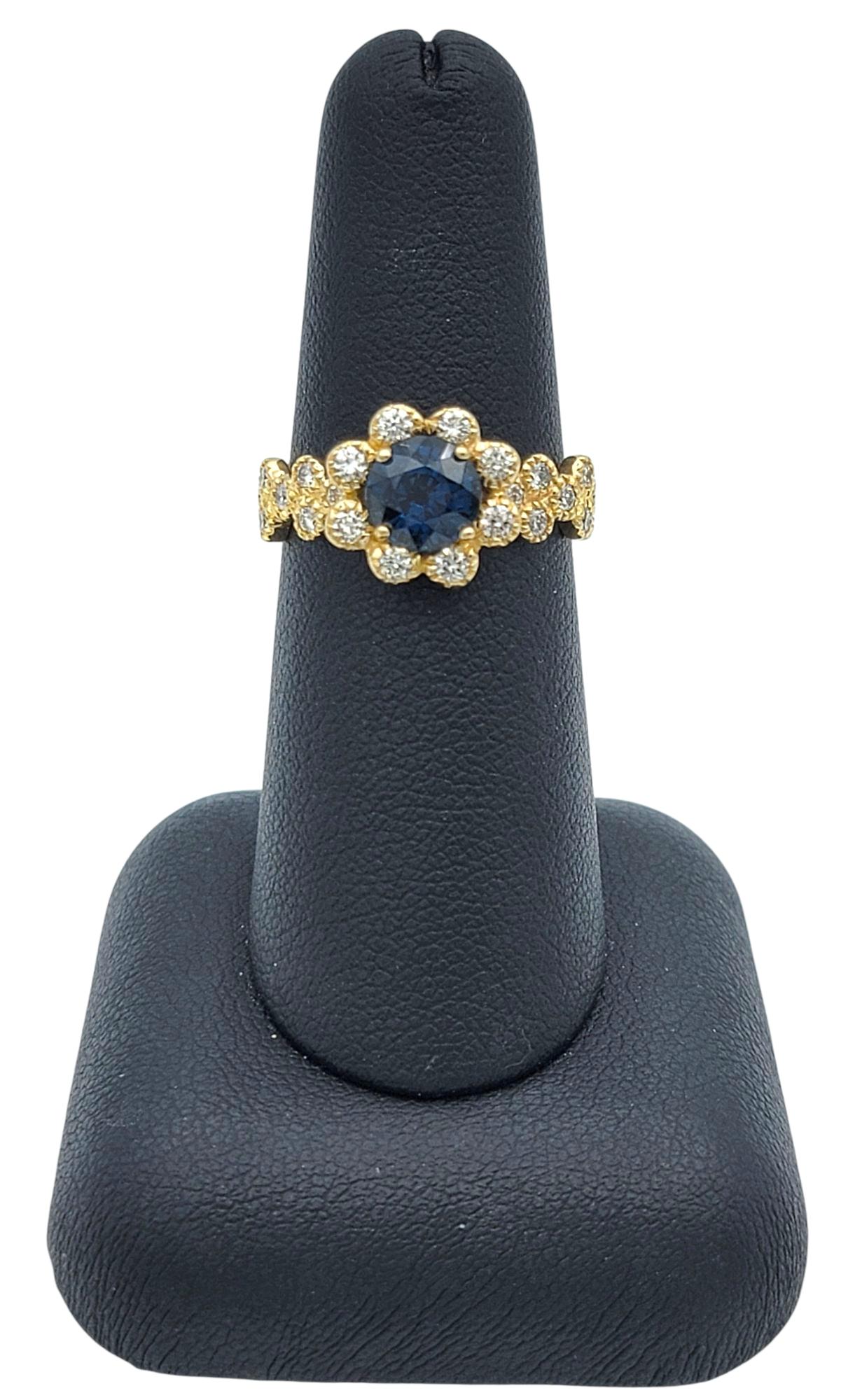 Montana Blue Sapphire and Diamond Halo Flower Motif Ring in 14 Karat Yellow Gold en vente 4