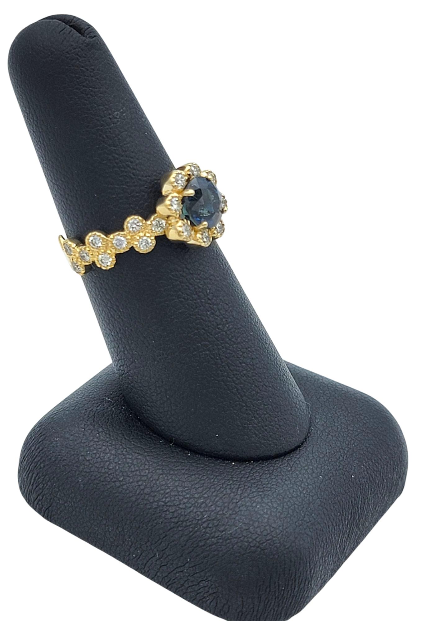 Montana Blue Sapphire and Diamond Halo Flower Motif Ring in 14 Karat Yellow Gold en vente 5