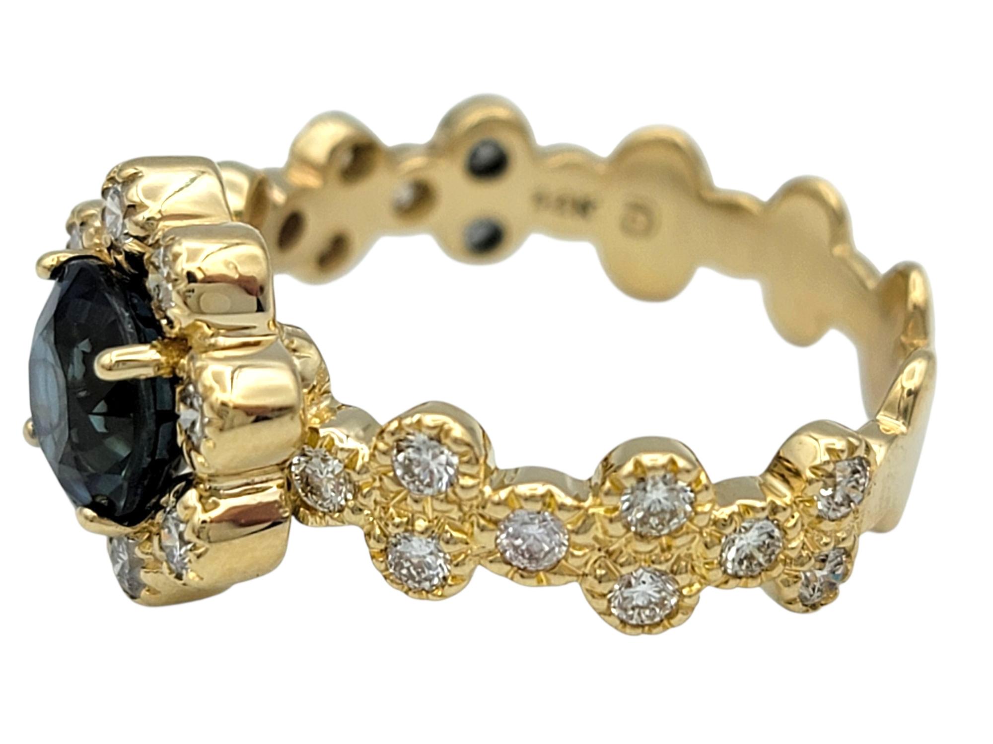 Montana Blue Sapphire and Diamond Halo Flower Motif Ring in 14 Karat Yellow Gold Bon état - En vente à Scottsdale, AZ