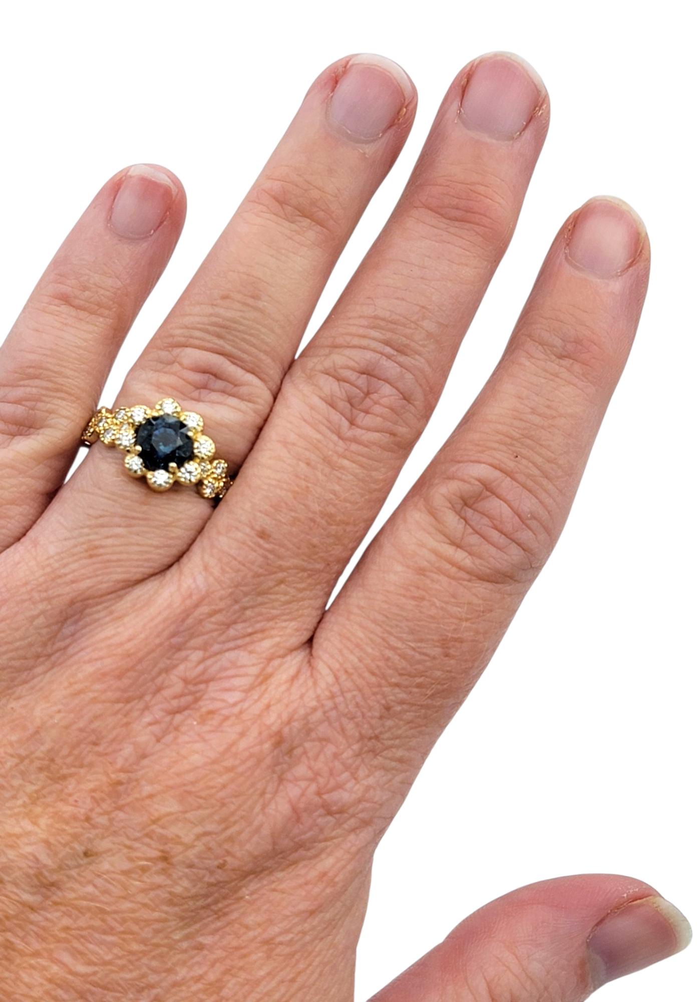 Montana Blue Sapphire and Diamond Halo Flower Motif Ring in 14 Karat Yellow Gold en vente 2