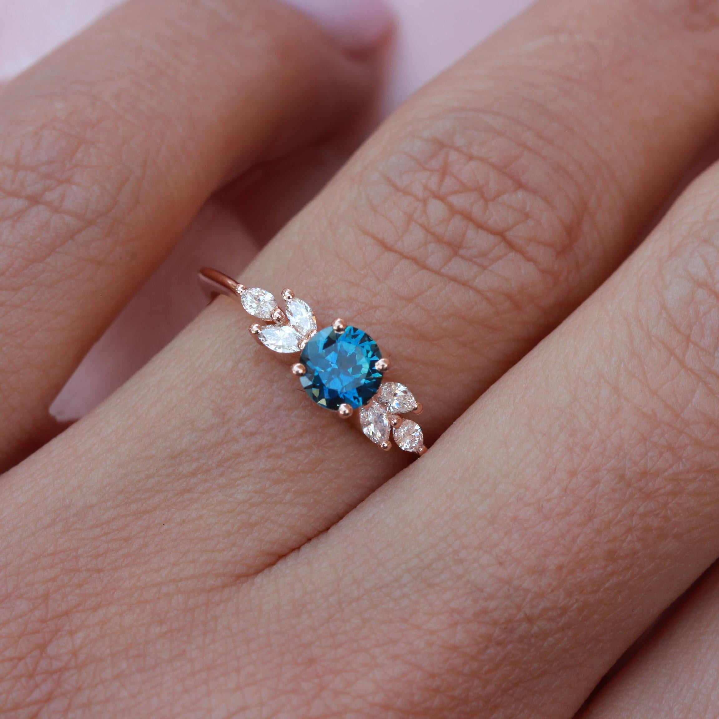 For Sale:  Montana Blue Sapphire and Marquise Diamonds, Gemstone Engagement Ring Penelope 3