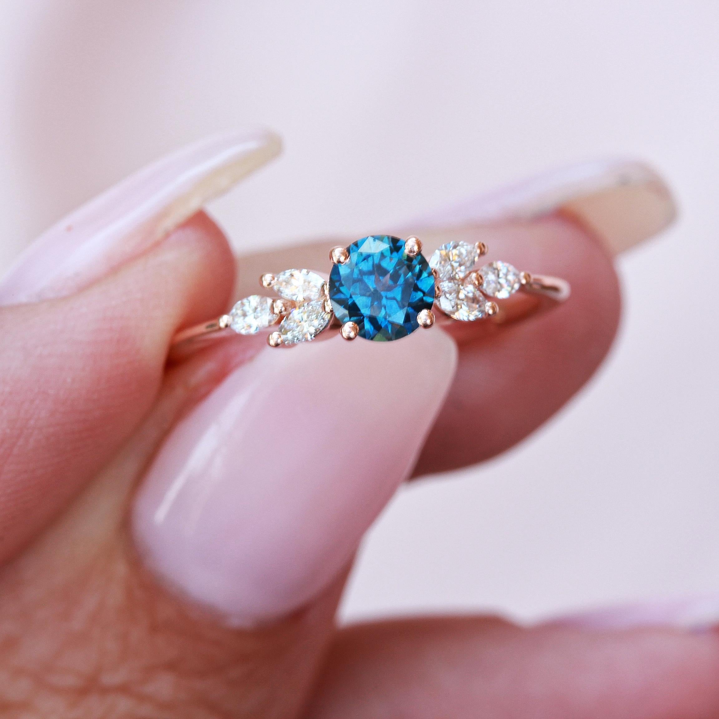 For Sale:  Montana Blue Sapphire and Marquise Diamonds, Gemstone Engagement Ring Penelope 4