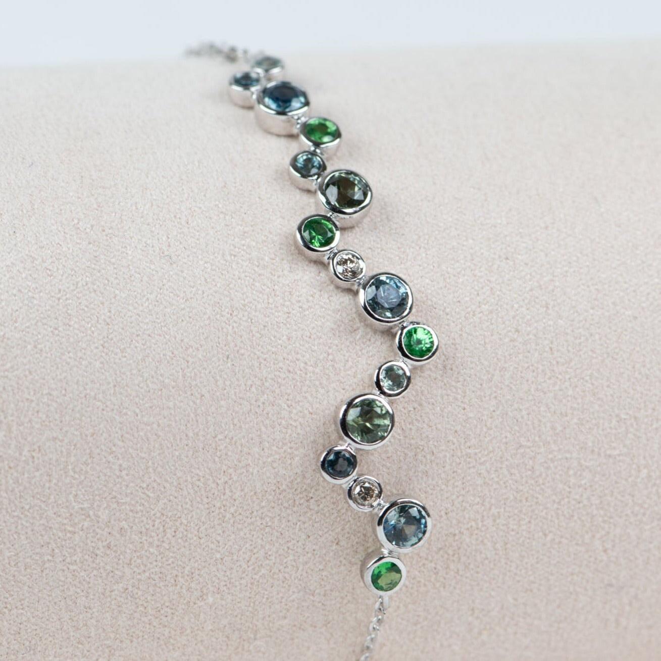 Round Cut Montana Sapphire and Diamond Bubbles Bracelet 14K Gold R2105 For Sale